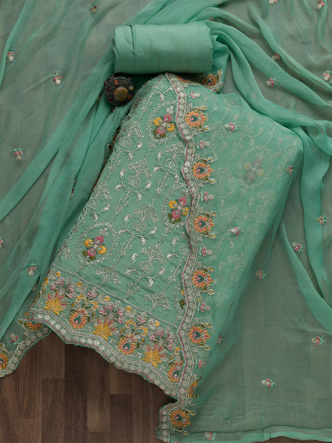 

Koskii Green & Silver-Toned Embroidered Art Silk Unstitched Dress Material