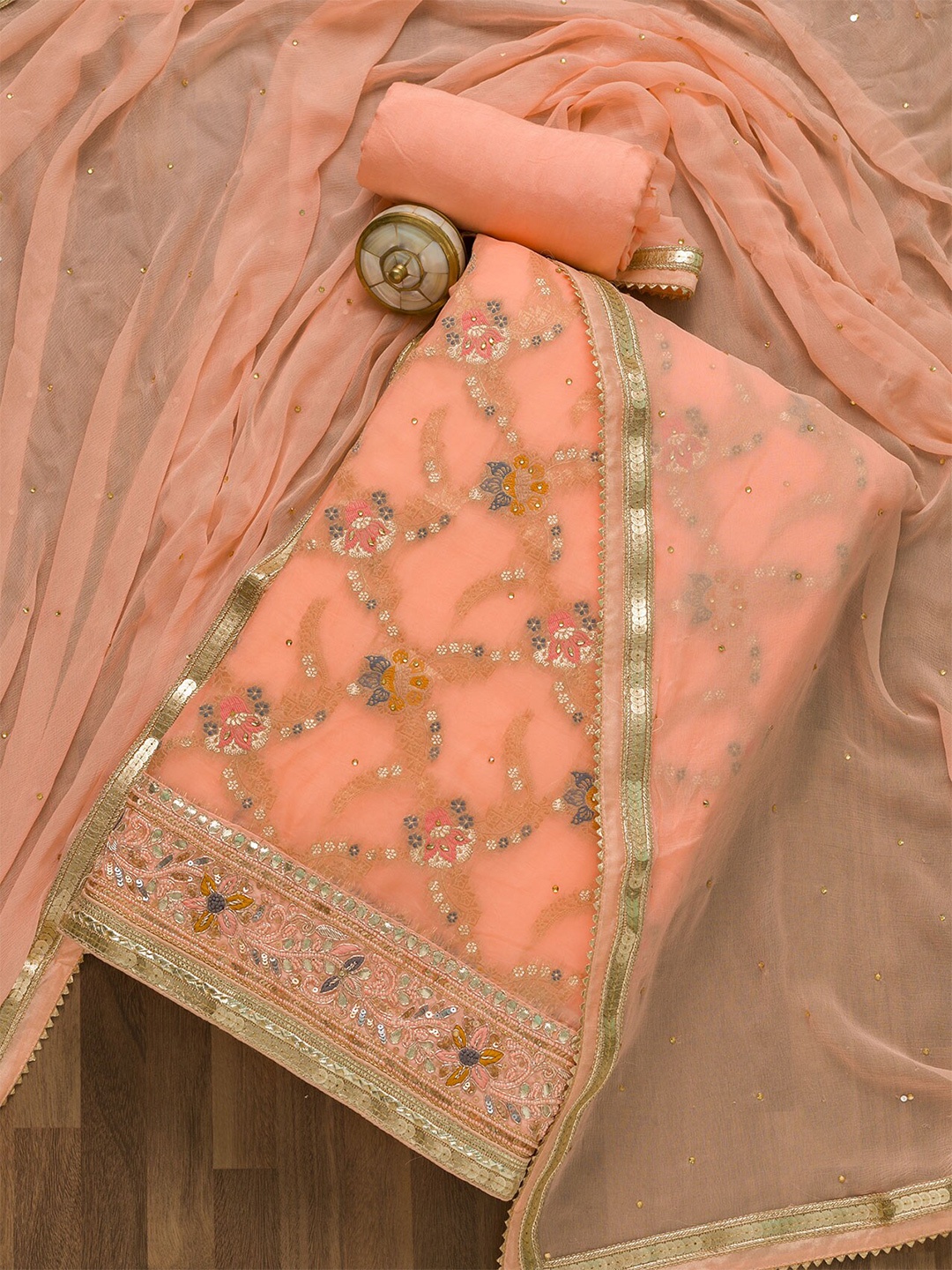 

Koskii Peach-Coloured & Blue Embroidered Art Silk Unstitched Dress Material