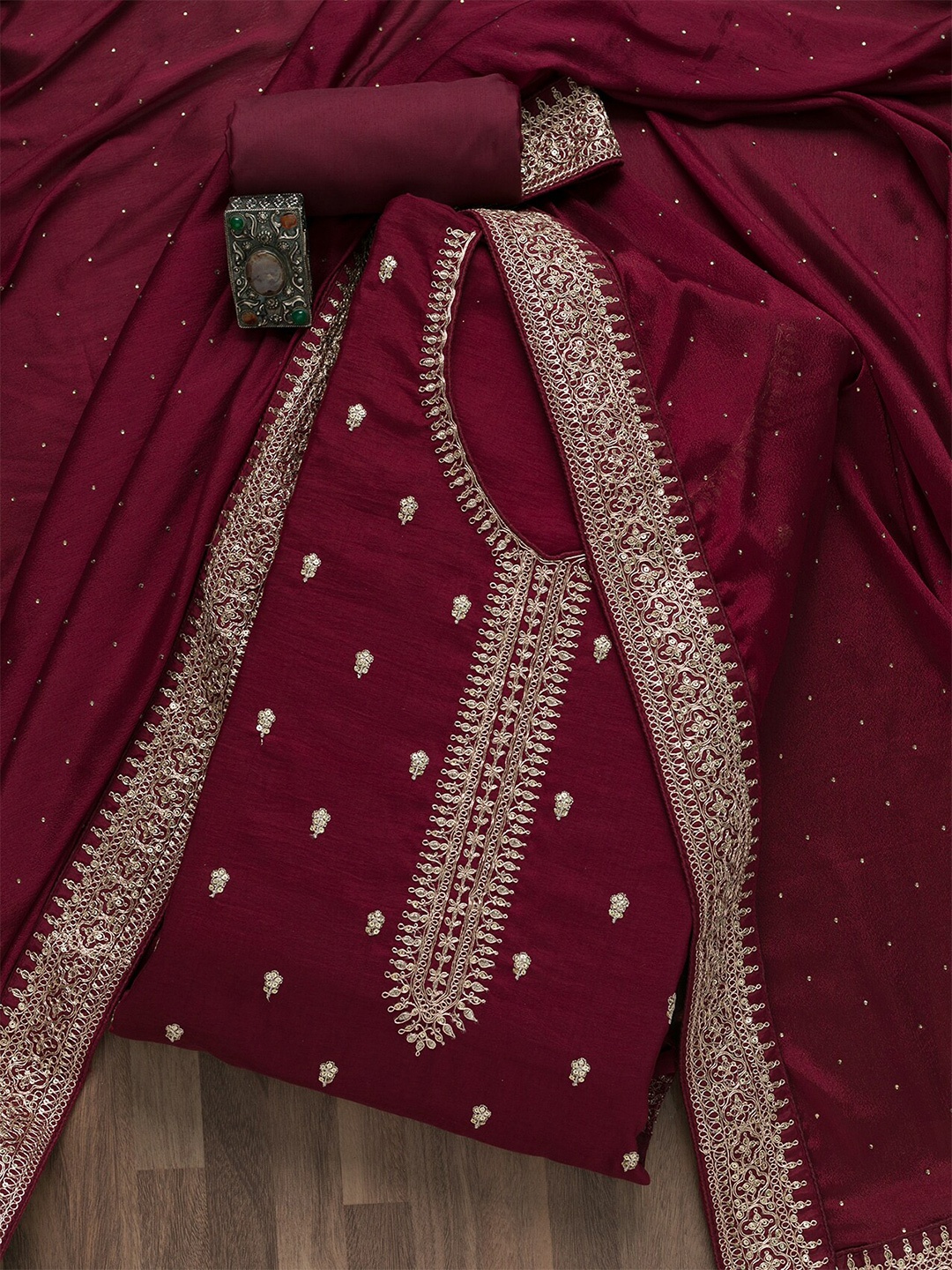 

Koskii Women Maroon & Gold-Toned Embroidered Art Silk Unstitched Dress Material