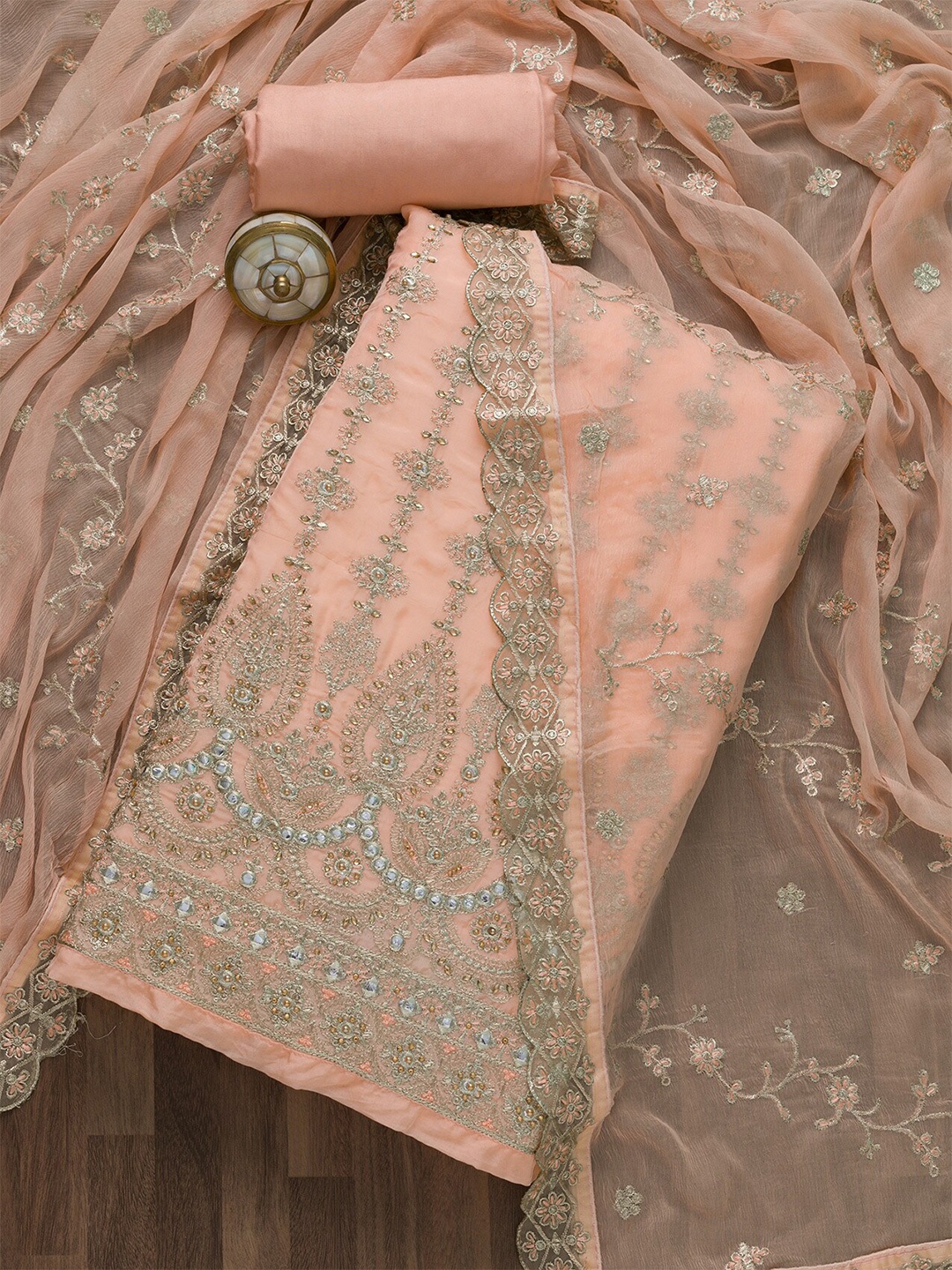 

Koskii Peach-Coloured & Gold-Toned Embroidered Unstitched Dress Material