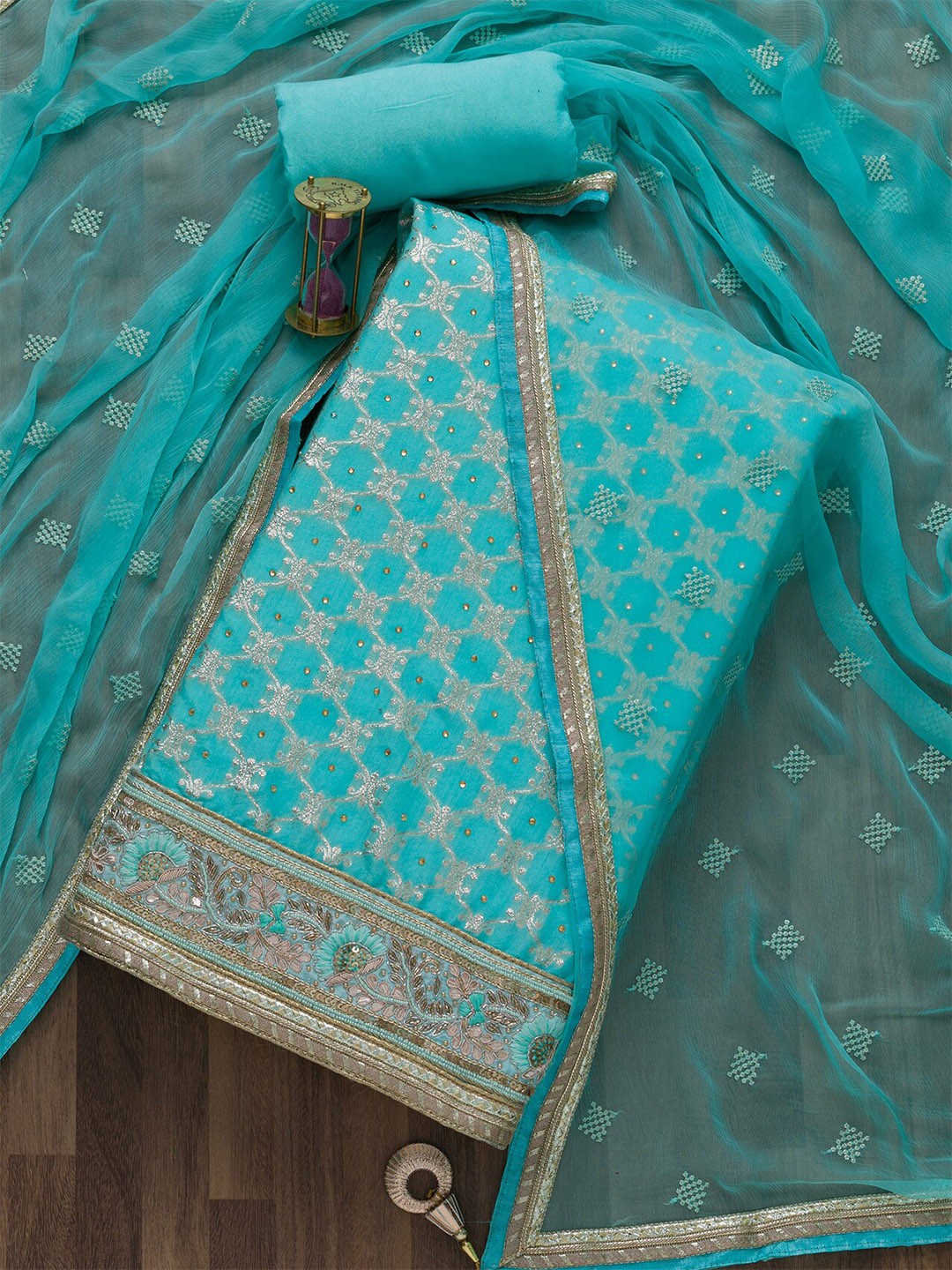 

Koskii Green & Gold-Toned Art Silk Unstitched Dress Material