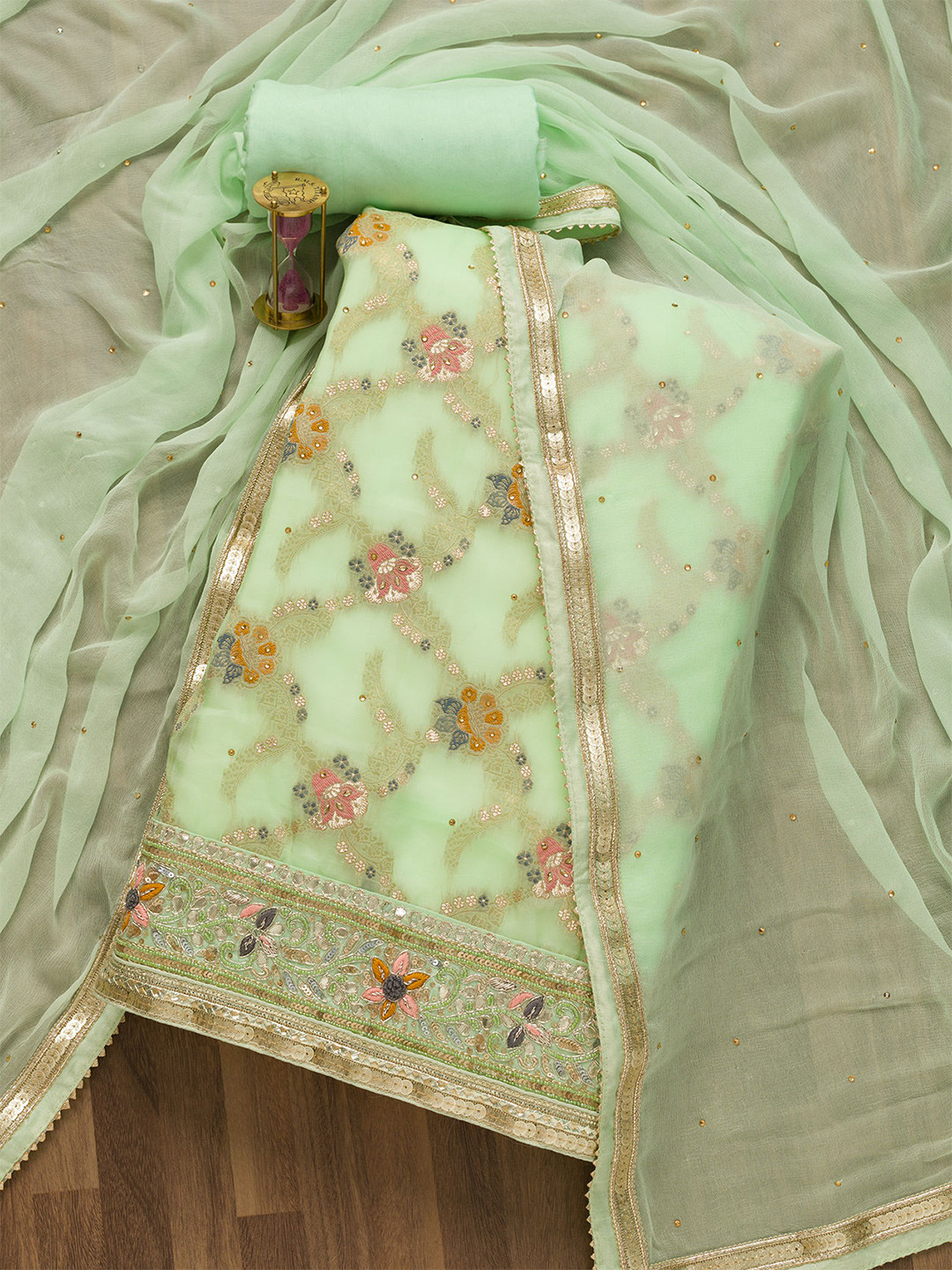 

Koskii Green & Gold-Toned Embroidered Art Silk Unstitched Dress Material