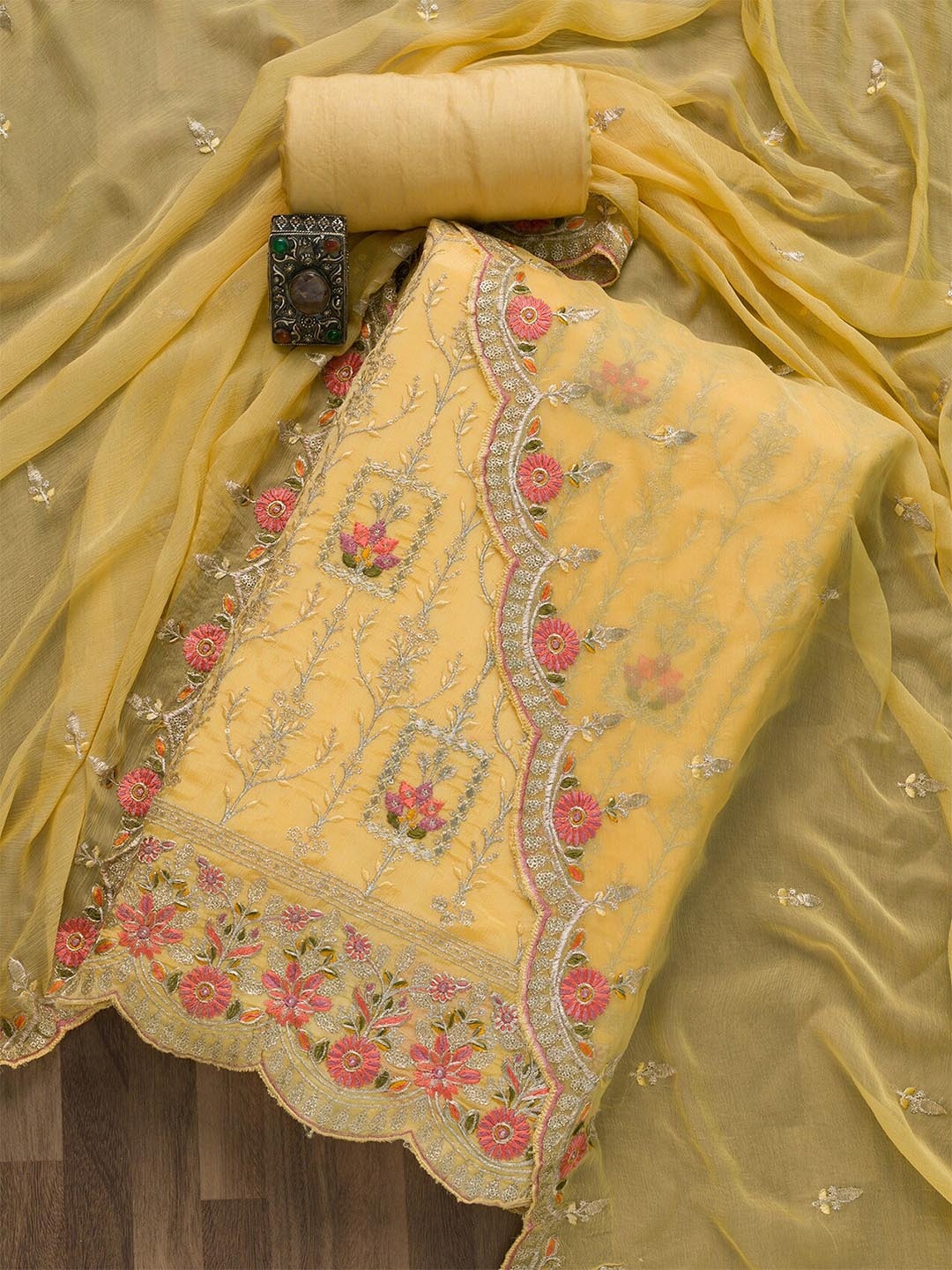 

Koskii Yellow Embroidered Art Silk Unstitched Dress Material