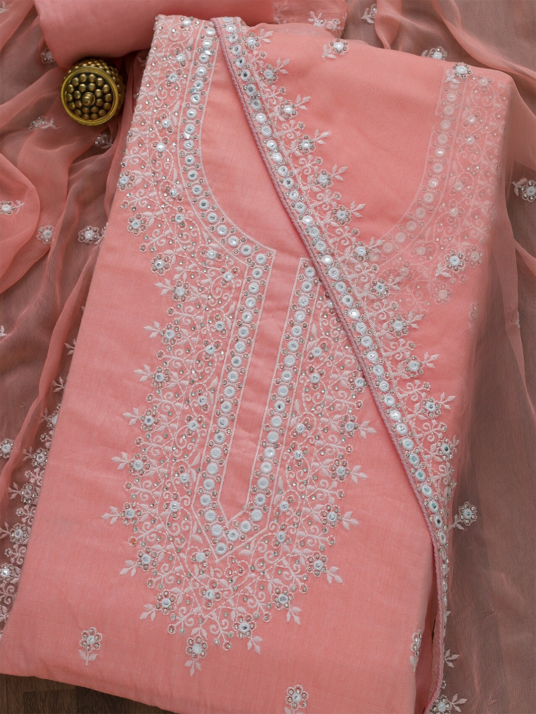 

Koskii Peach-Coloured & Off White Embroidered Unstitched Dress Material