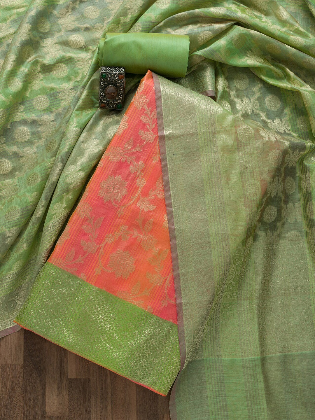 

Koskii Orange & Green Art Silk Unstitched Dress Material