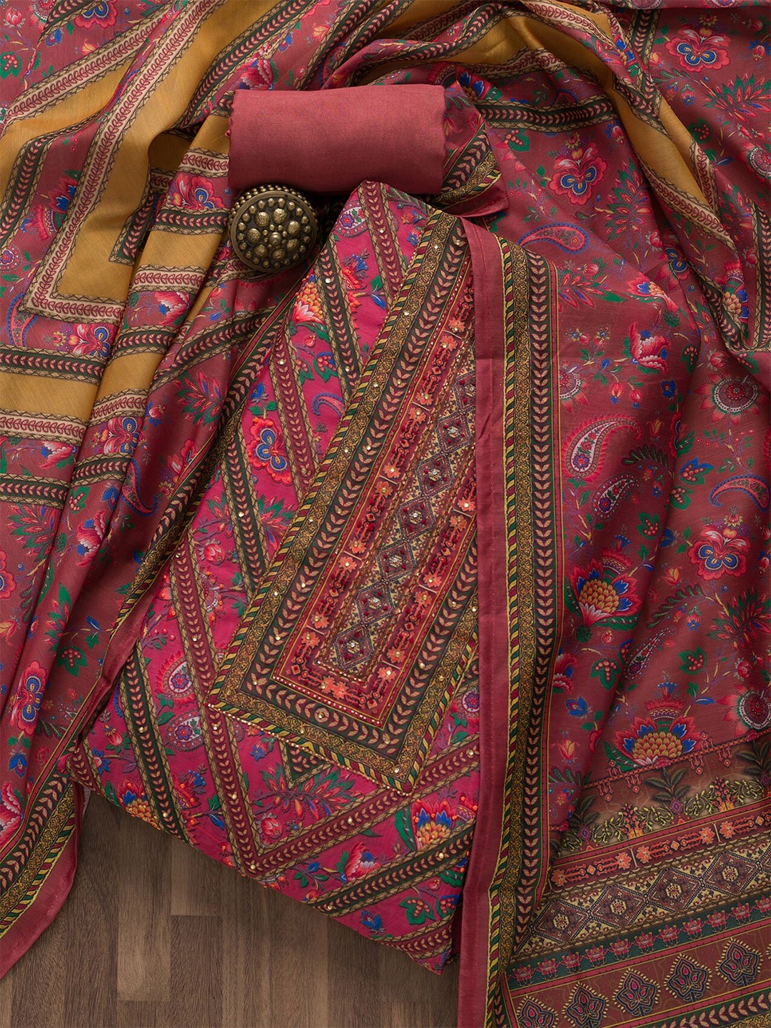 

Koskii Women Pink & Blue Printed Art Silk Unstitched Dress Material