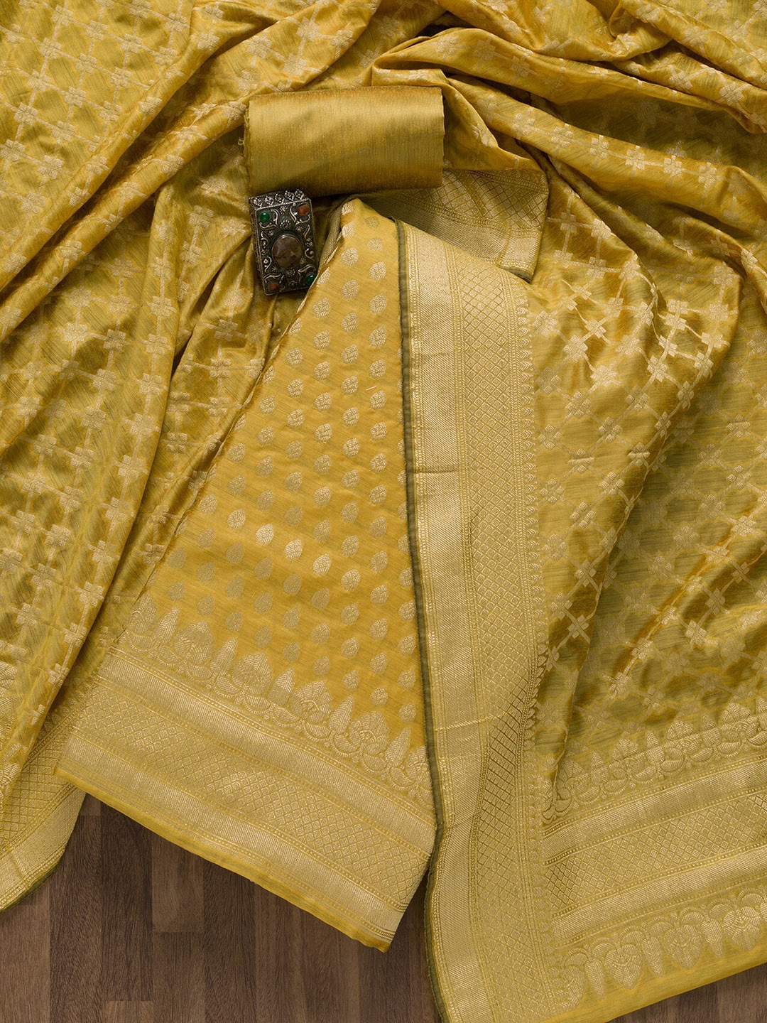 

Koskii Yellow Art Silk Unstitched Dress Material