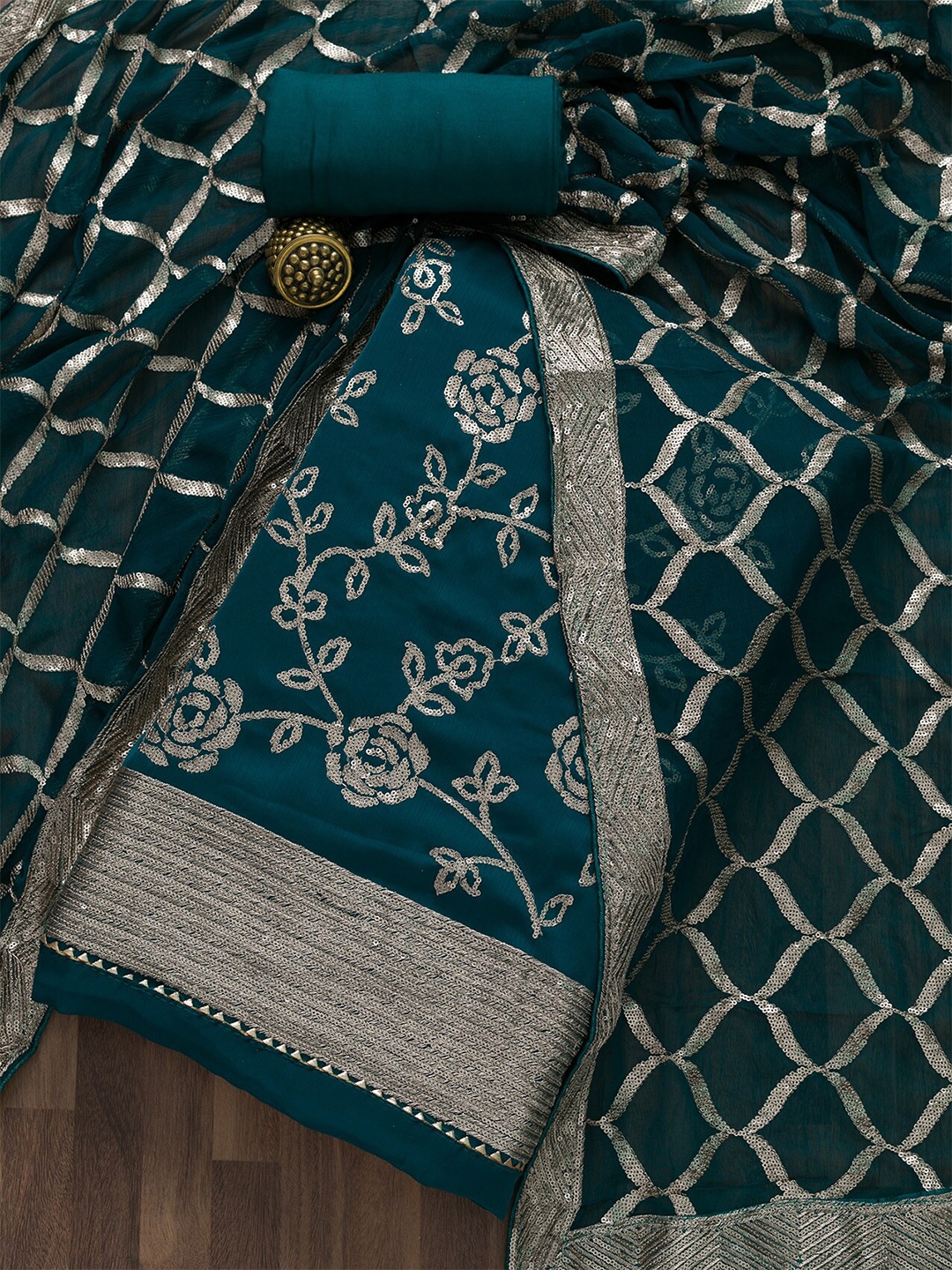 

Koskii Teal & Silver-Toned Embroidered Art Silk Unstitched Dress Material