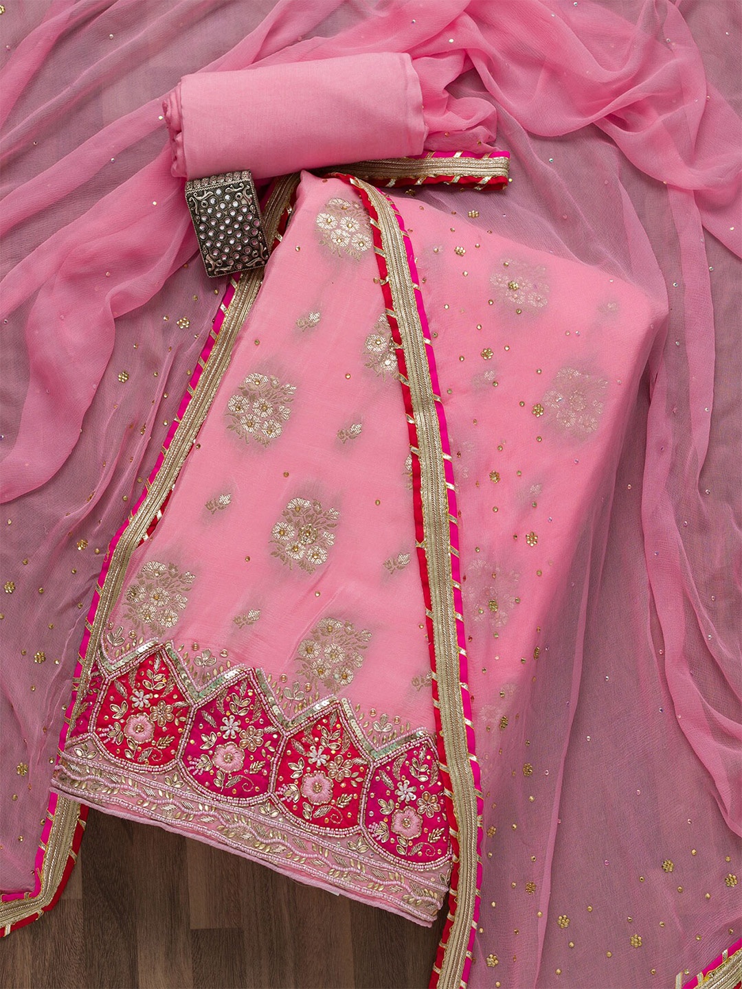 

Koskii Women Pink & Silver-Toned Embroidered Unstitched Dress Material