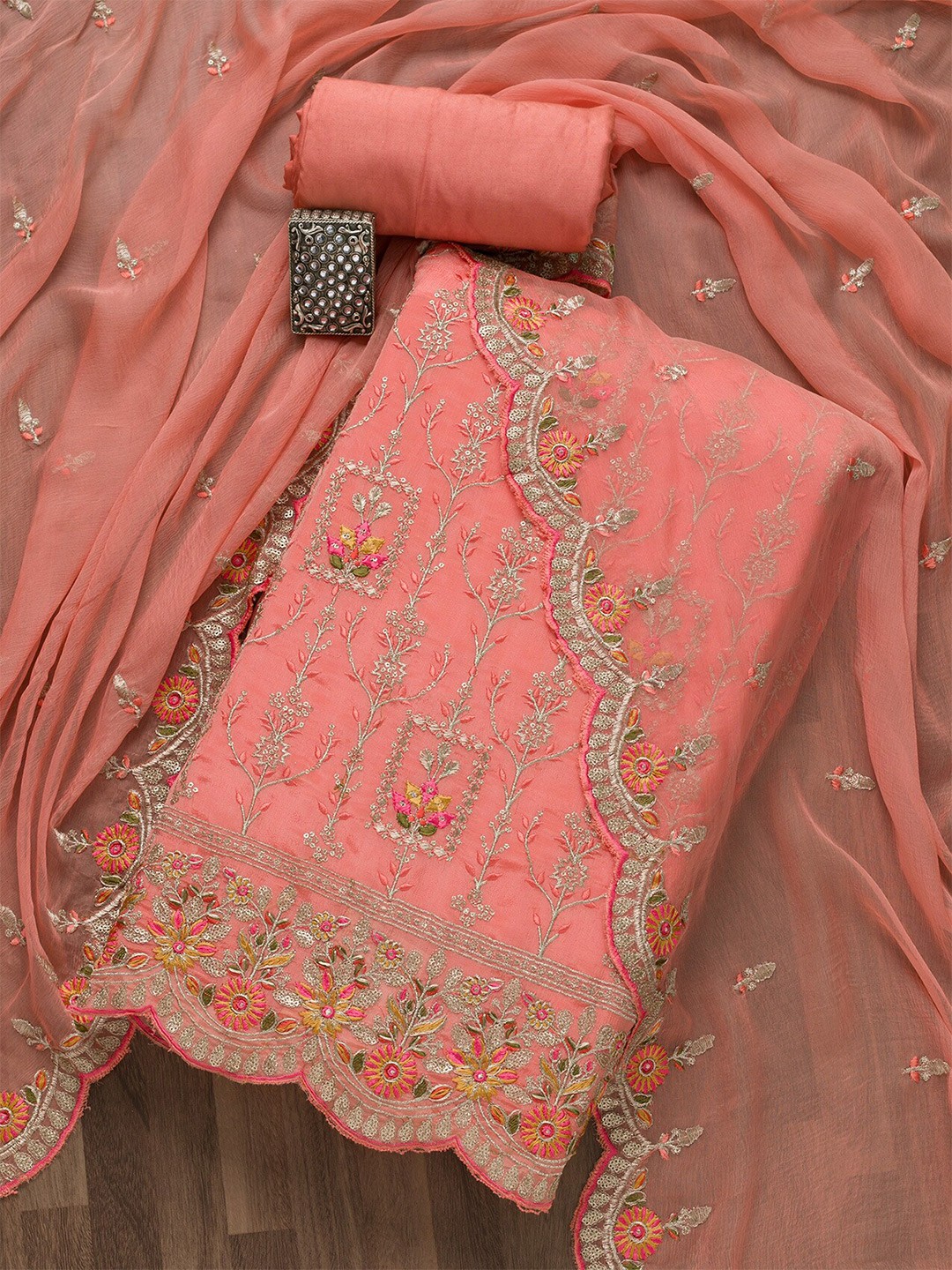 

Koskii Women Peach-Coloured & Gold-Toned Embroidered Art Silk Unstitched Dress Material