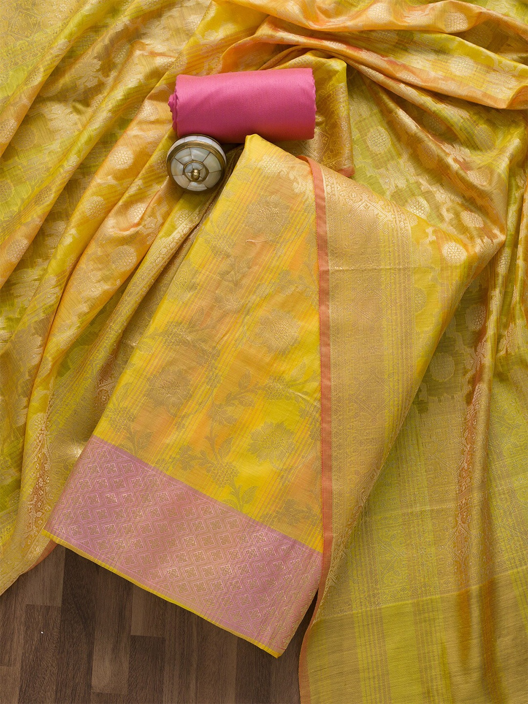 

Koskii Yellow & Pink Art Silk Unstitched Dress Material