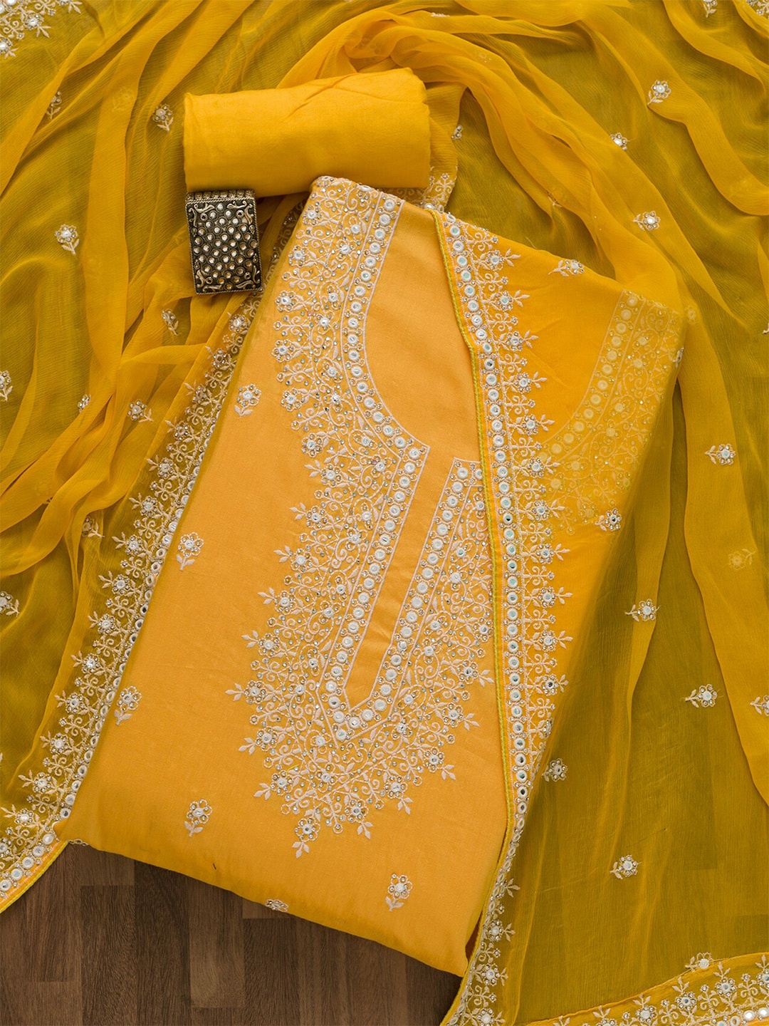 

Koskii Yellow & Off White Embroidered Art Silk Unstitched Dress Material