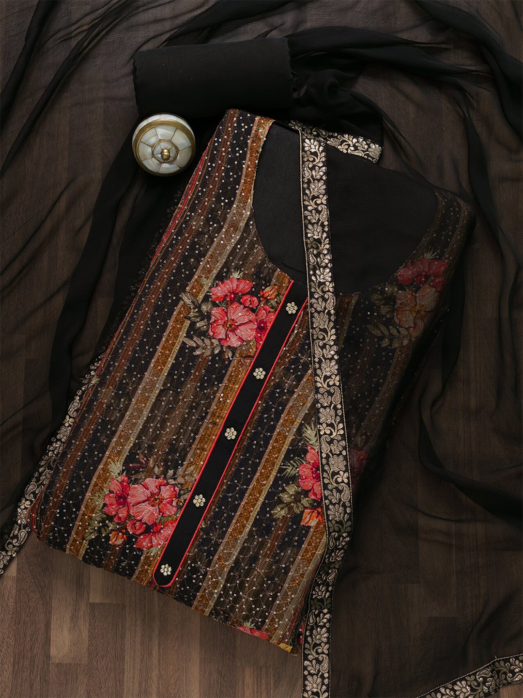 

Koskii Black & Pink Printed Unstitched Dress Material
