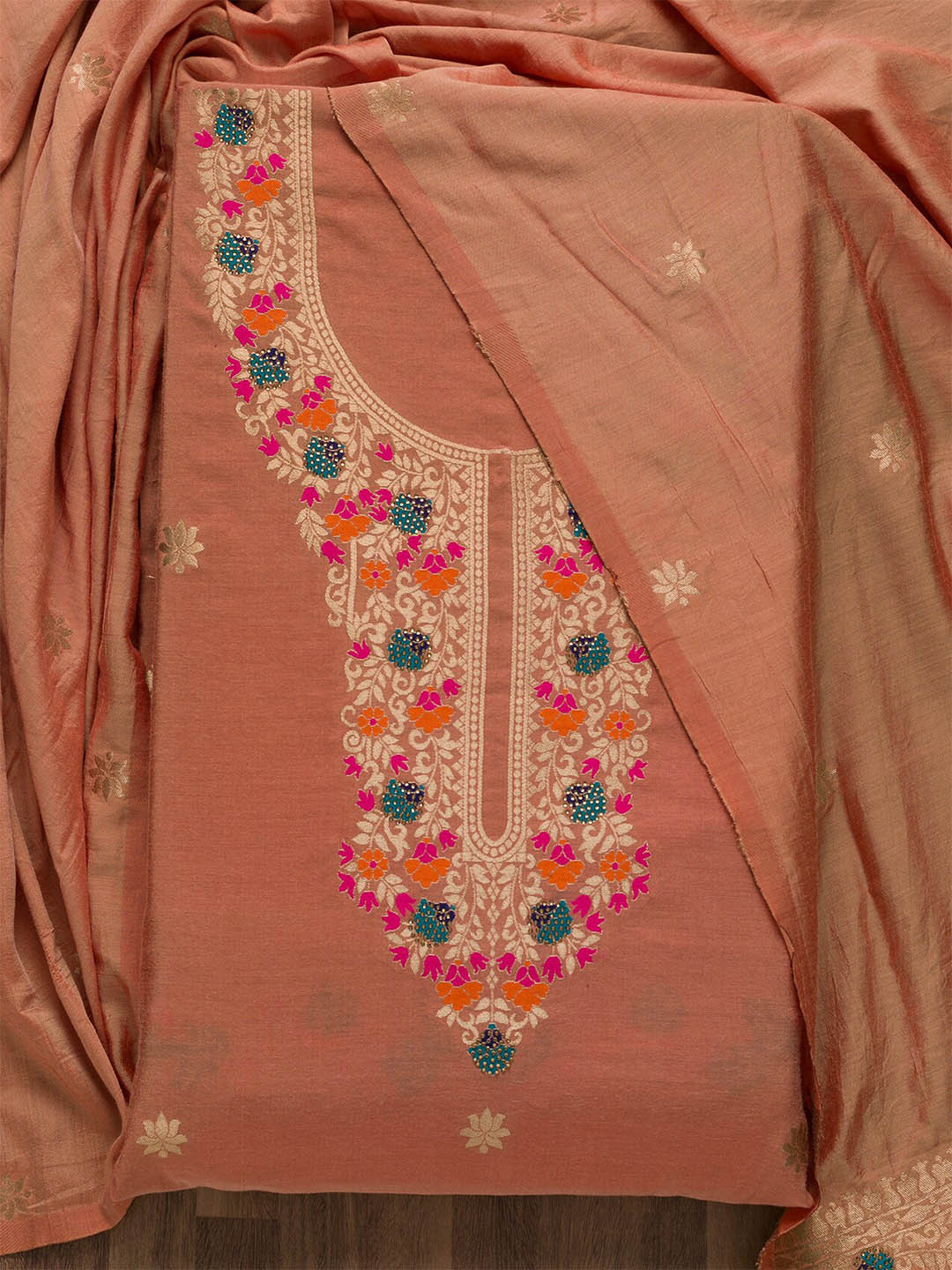 

Koskii Orange & Gold-Toned Art Silk Unstitched Dress Material