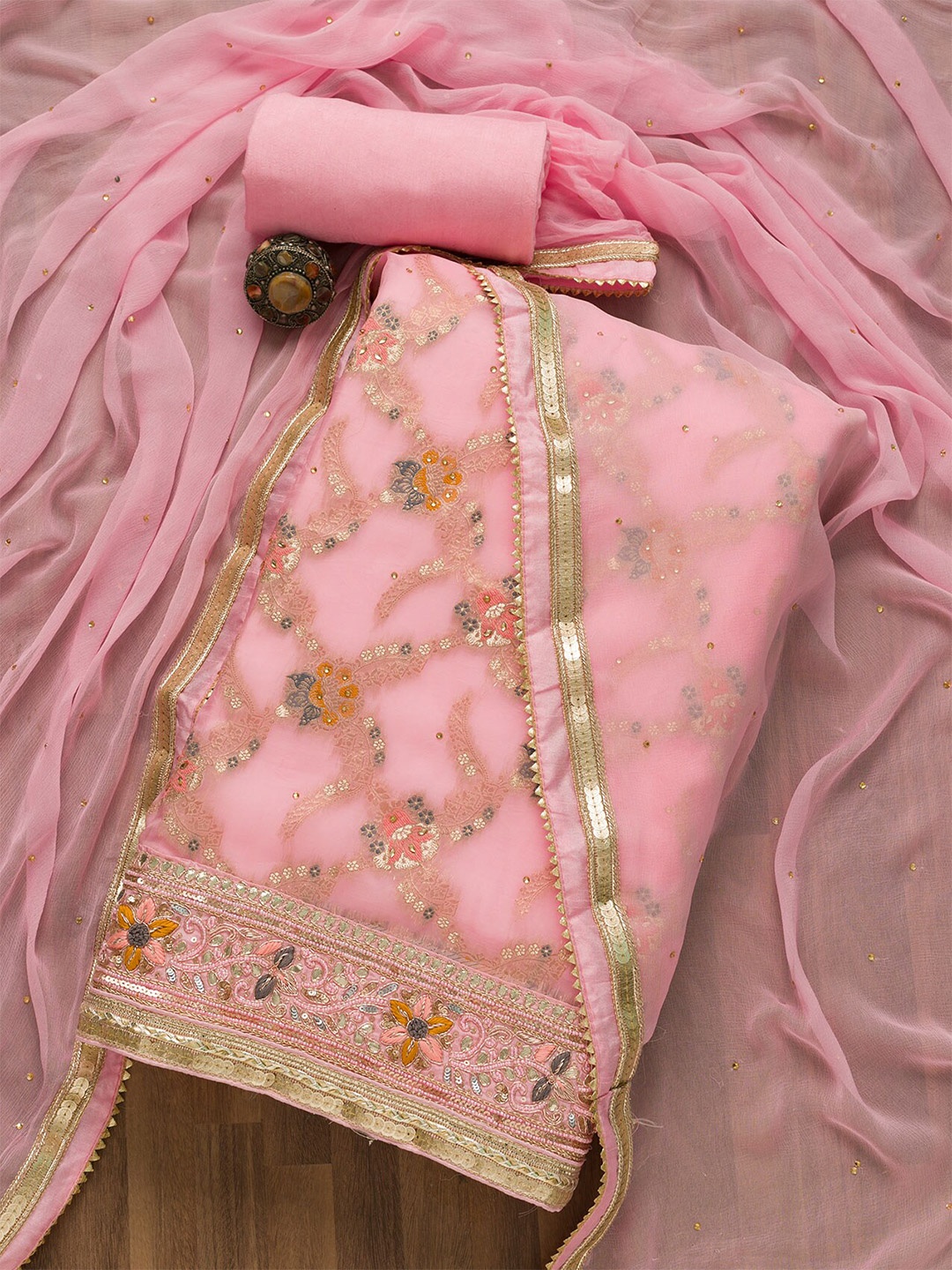 

Koskii Pink Embroidered Art Silk Unstitched Dress Material