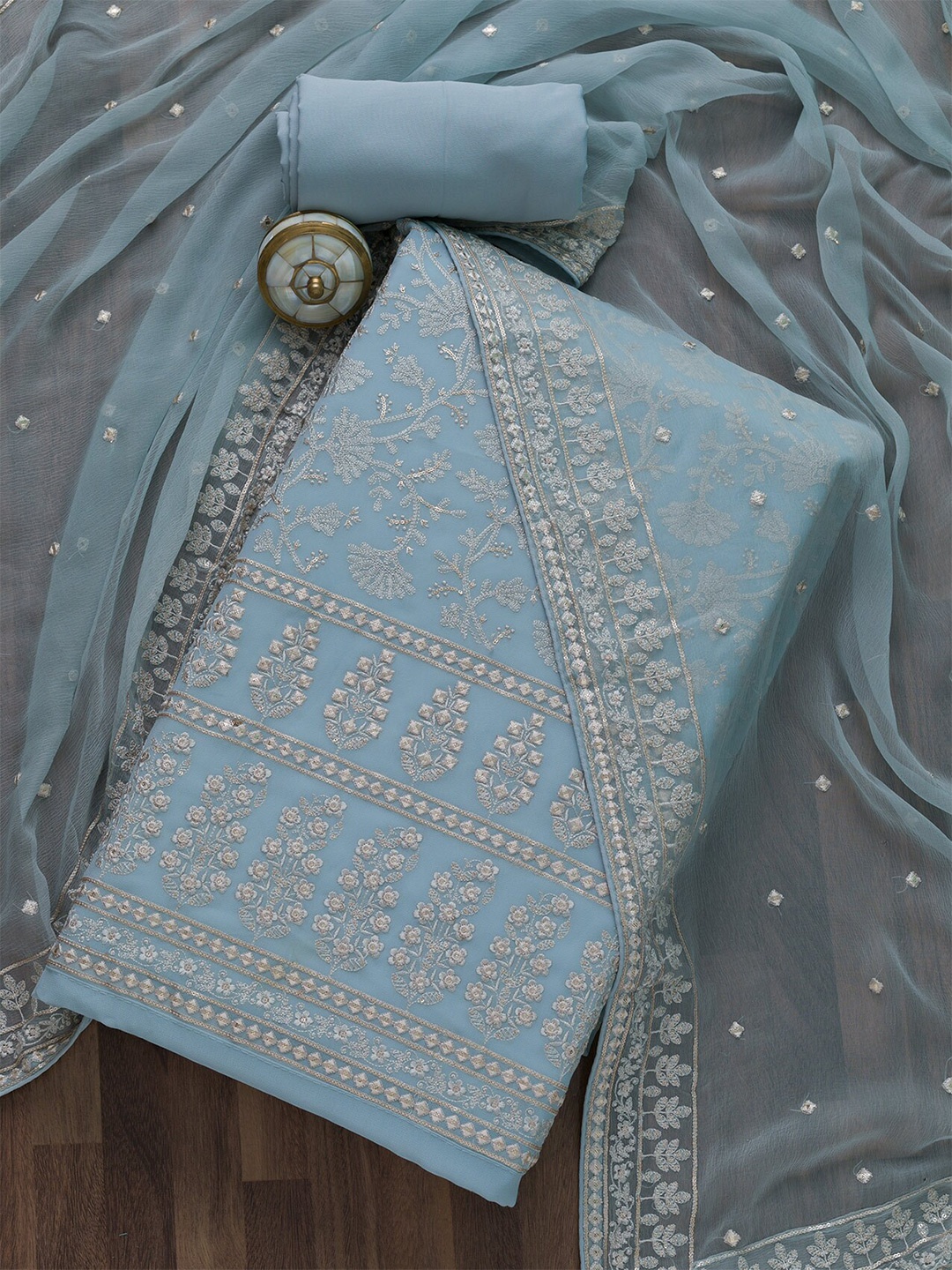 

Koskii Grey & Silver-Toned Embroidered Unstitched Dress Material