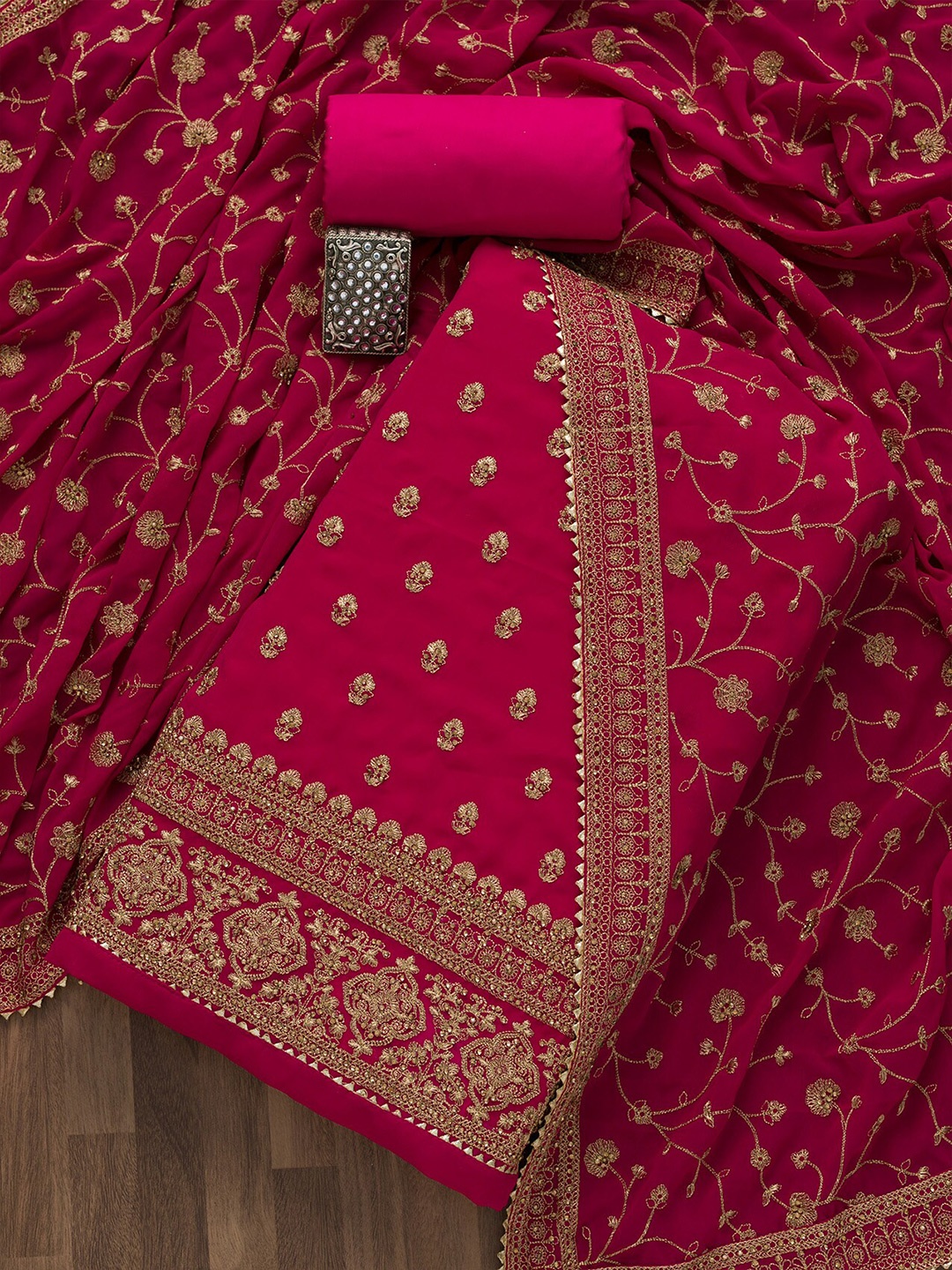 

Koskii Pink & Gold-Toned Embroidered Art Silk Unstitched Dress Material