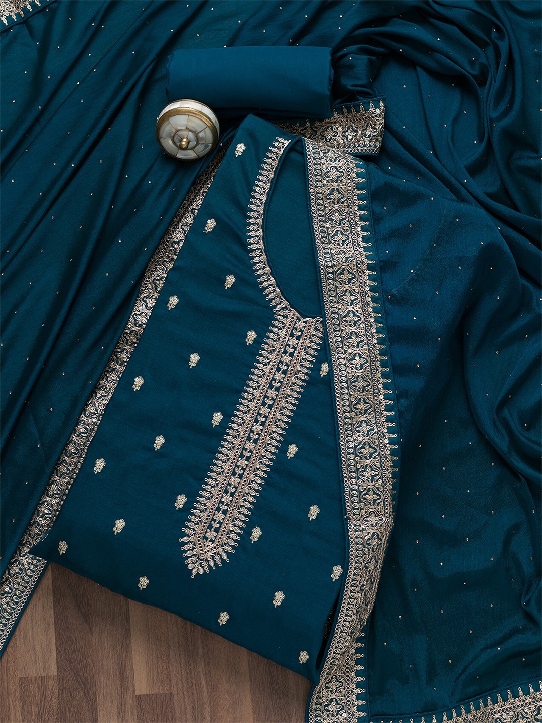 

Koskii Blue & Silver-Toned Embroidered Art Silk Unstitched Dress Material