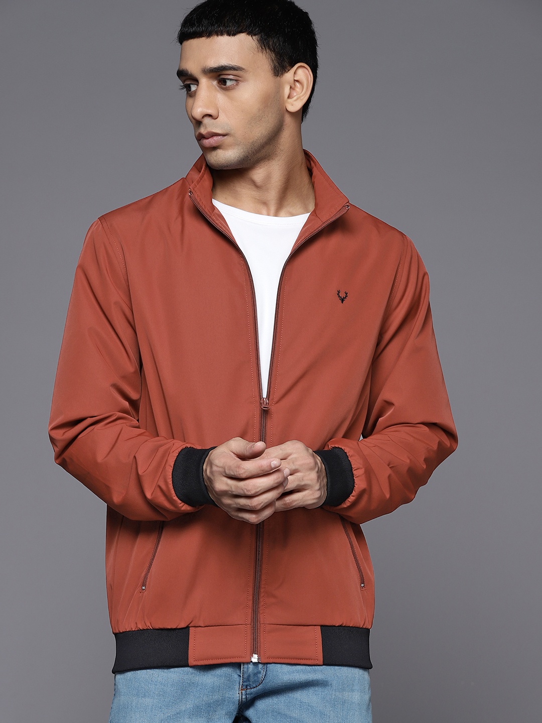 

Allen Solly Men Rust Brown Solid Bomber Jacket