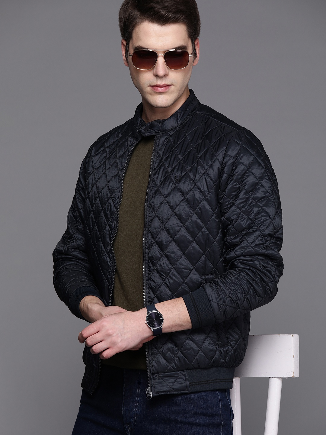 

Allen Solly Men Navy Blue Solid Quilted Jacket
