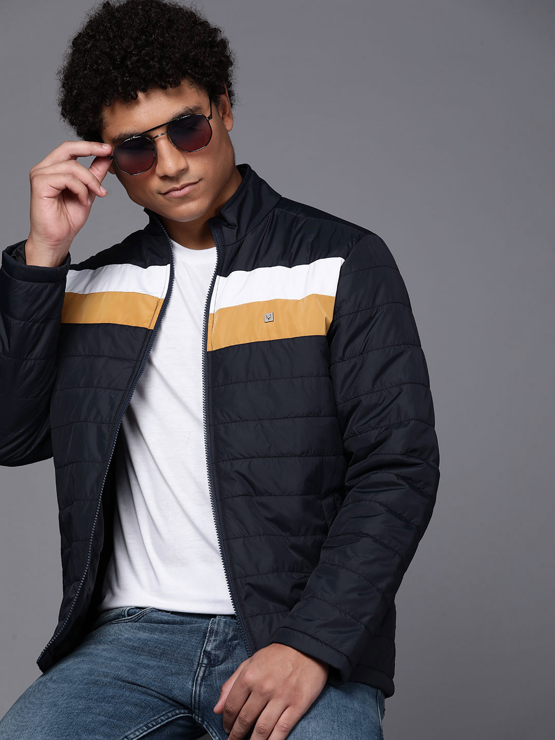 

Allen Solly Men Navy Blue & White Colourblocked Padded Jacket
