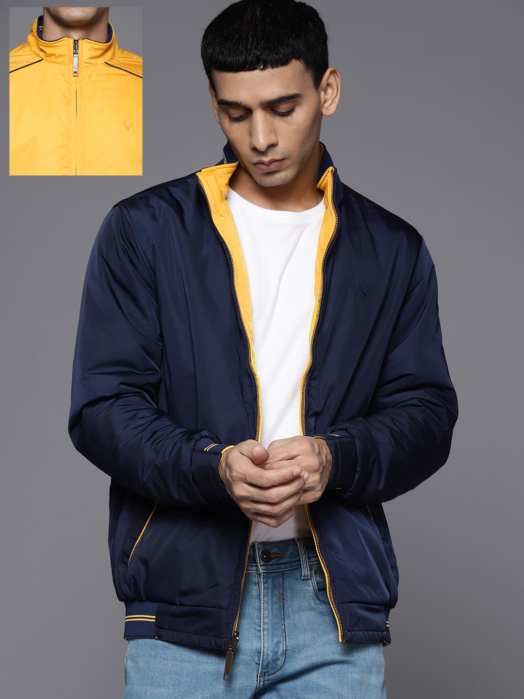 

Allen Solly Men Yellow & Navy Blue Reversible Bomber Jacket