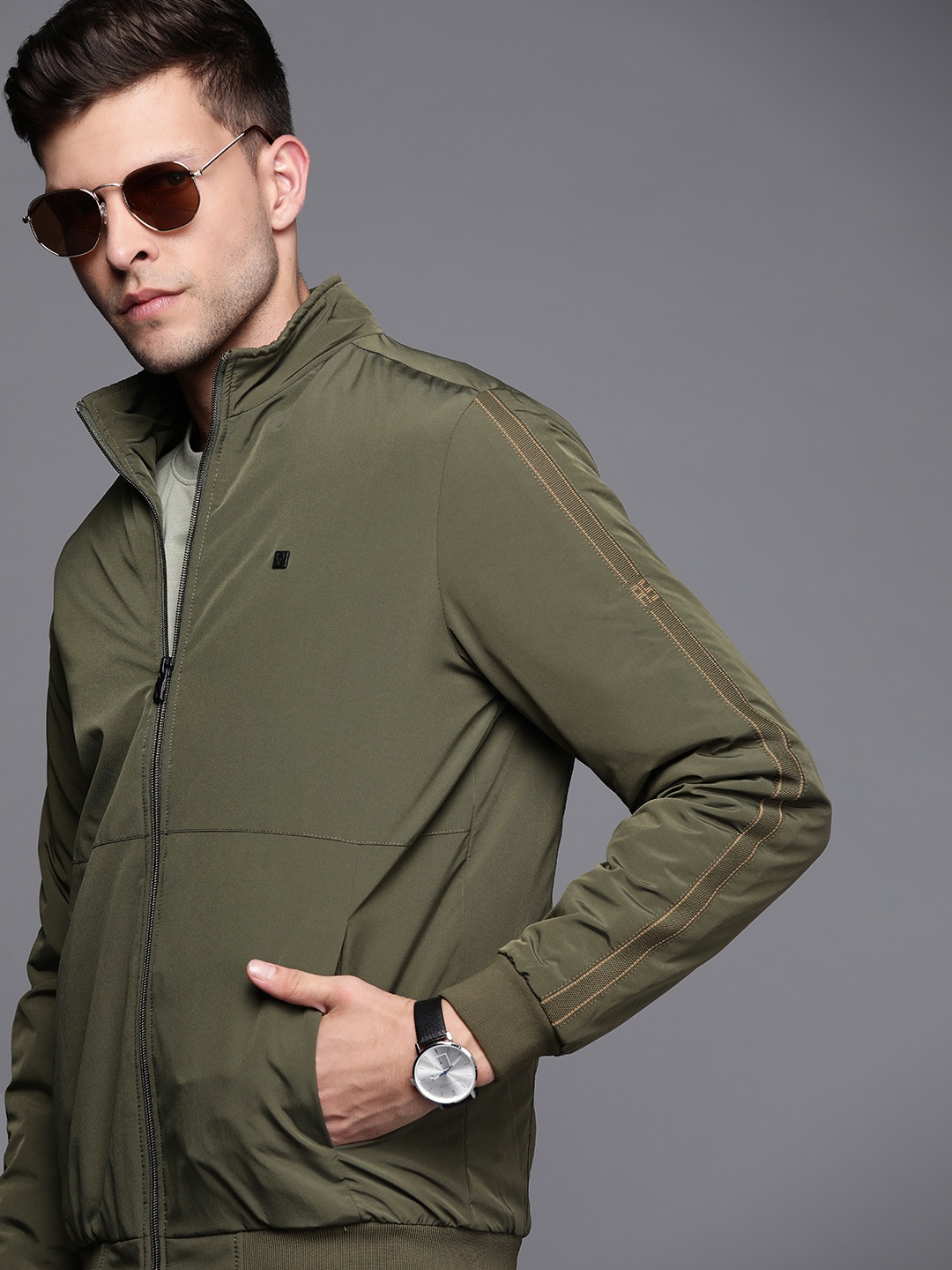 

Allen Solly Men Olive Green Solid Bomber Jacket