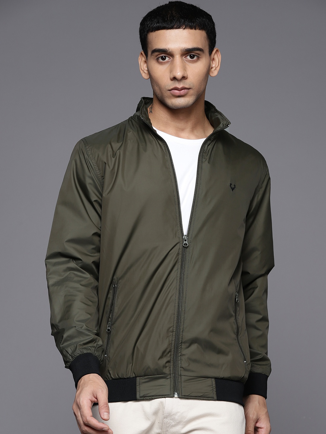 

Allen Solly Men Olive Green Solid Bomber Jacket