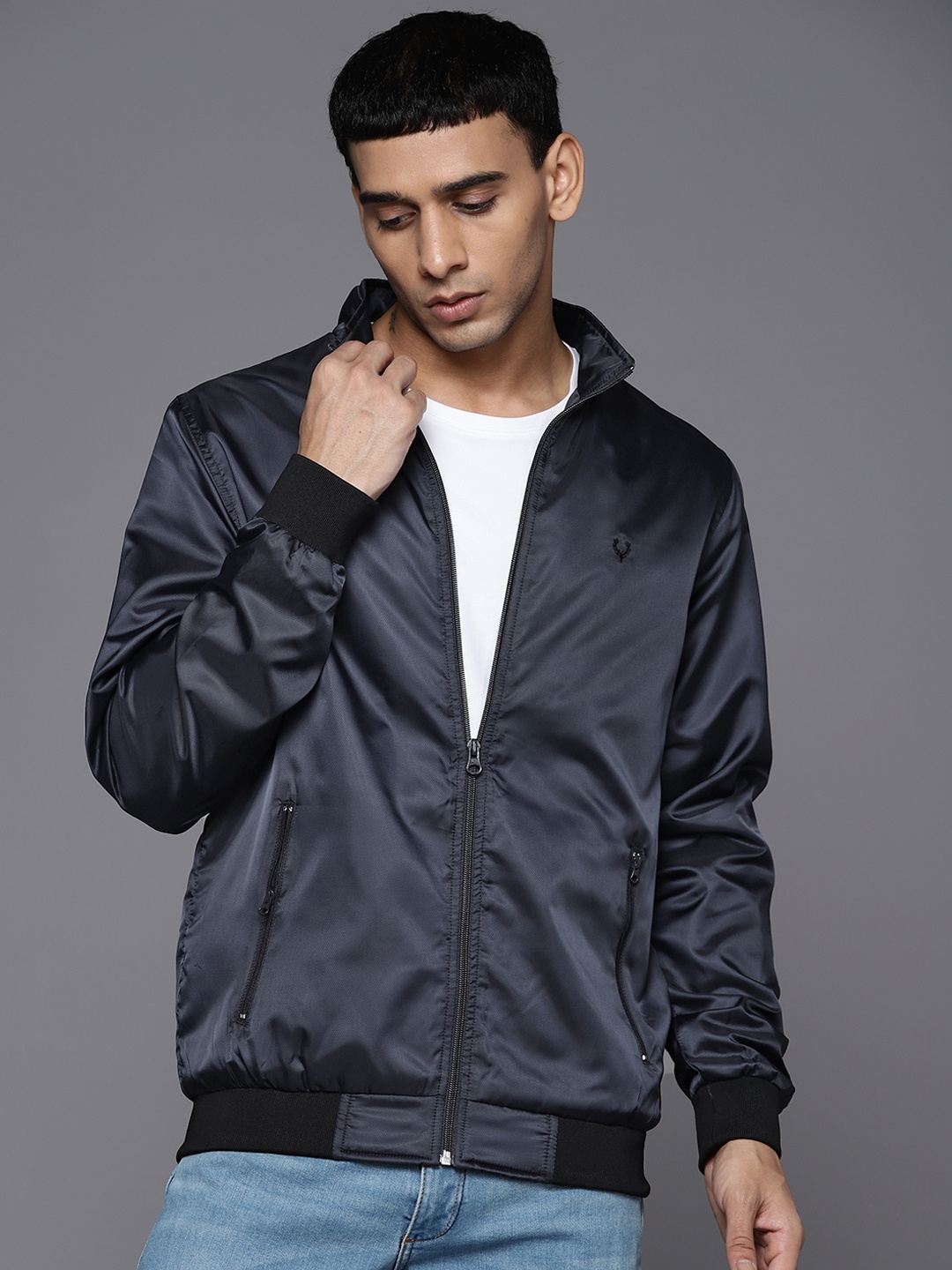 

Allen Solly Men Navy Blue Solid Bomber Jacket
