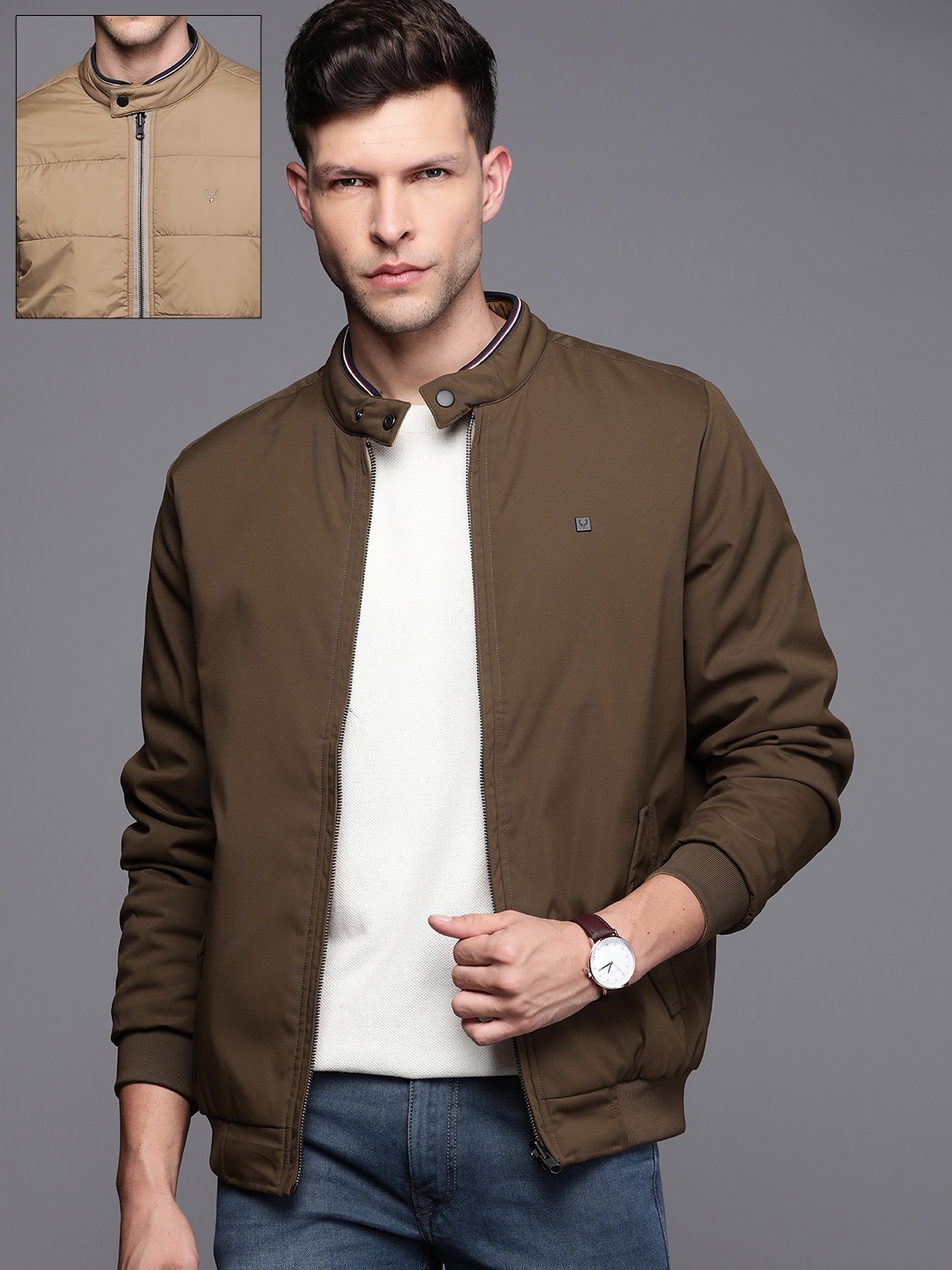 

Allen Solly Men Beige & Brown Solid Reversible Bomber Jacket