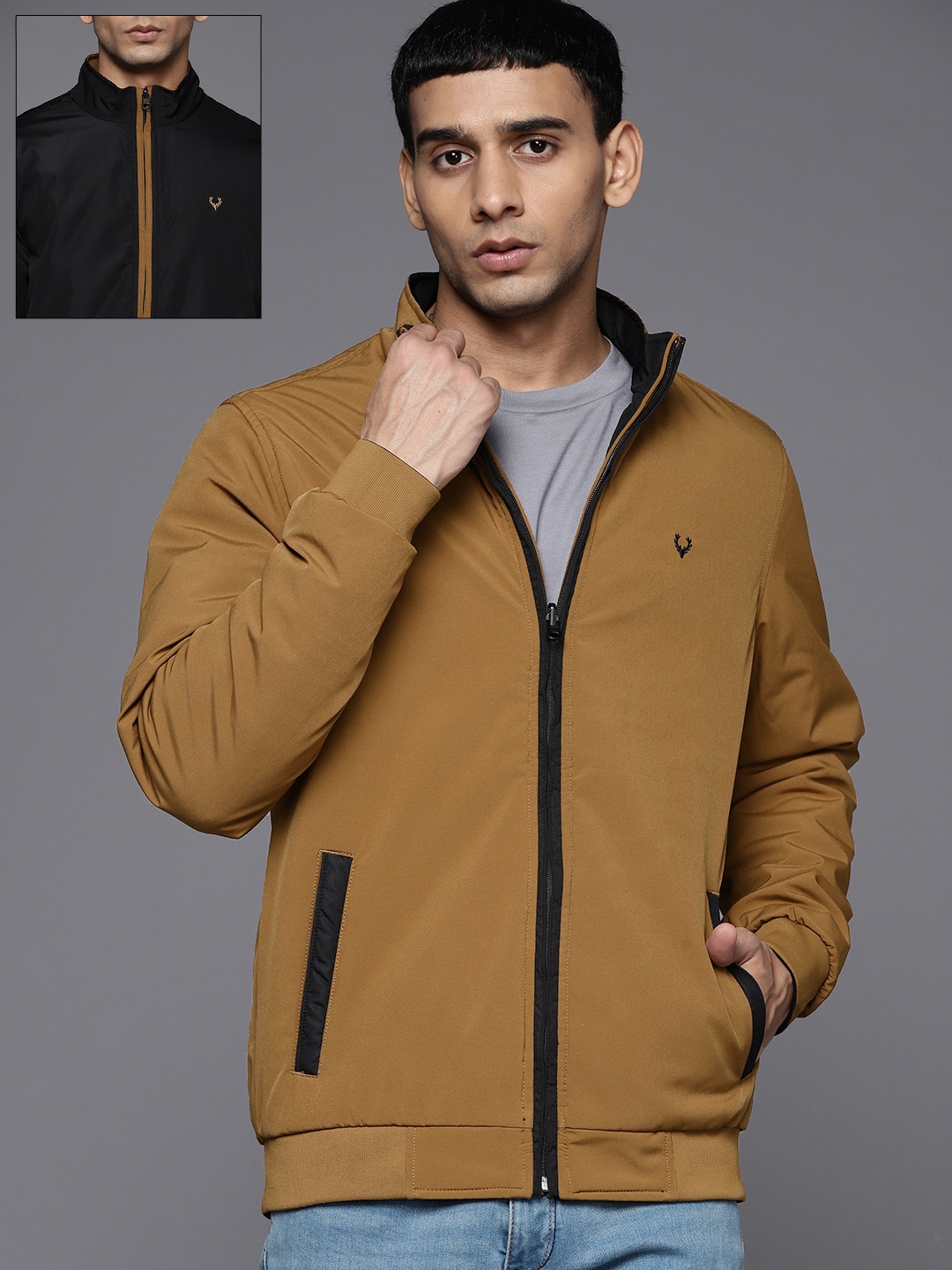 

Allen Solly Men Mustard Brown & Black Solid Reversible Padded Jacket