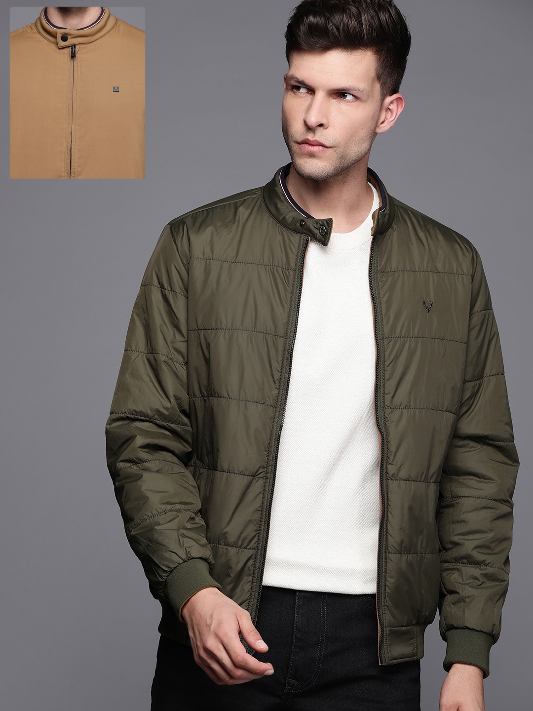 

Allen Solly Men Olive Green & Beige Solid Reversible Bomber Jacket