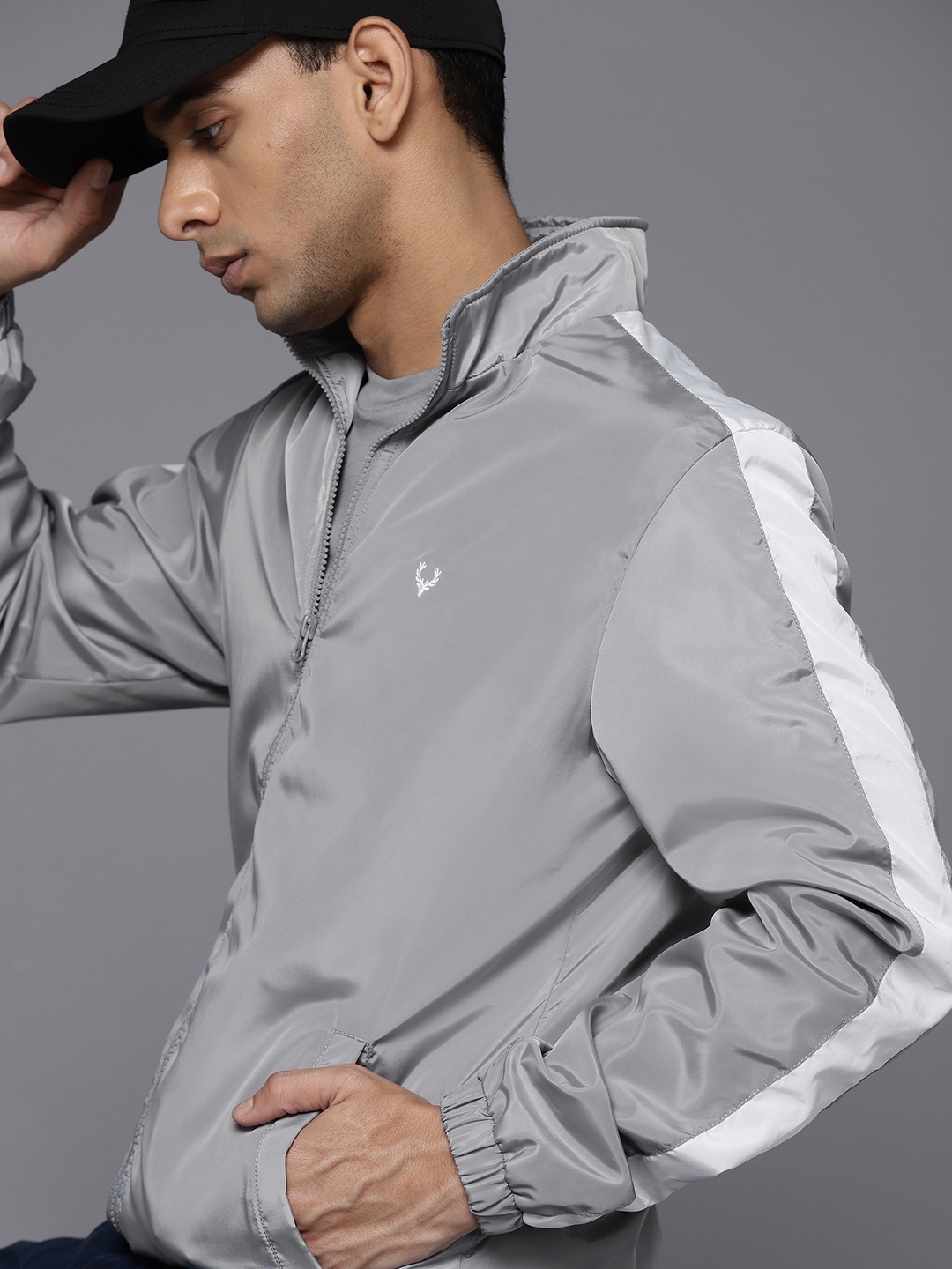 

Allen Solly Men Grey Solid Mock Collar Bomber Jacket