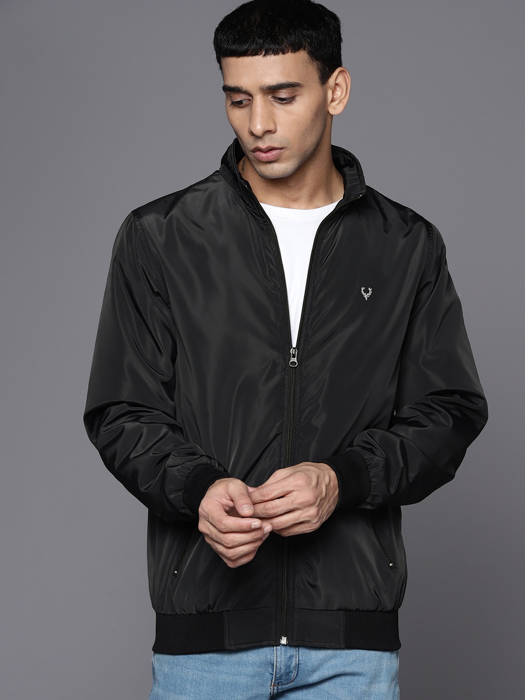 

Allen Solly Men Black Solid Mock Collar Bomber Jacket