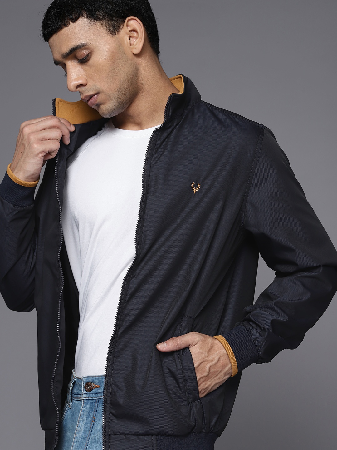

Allen Solly Men Navy Blue Solid Mock Collar Bomber Jacket