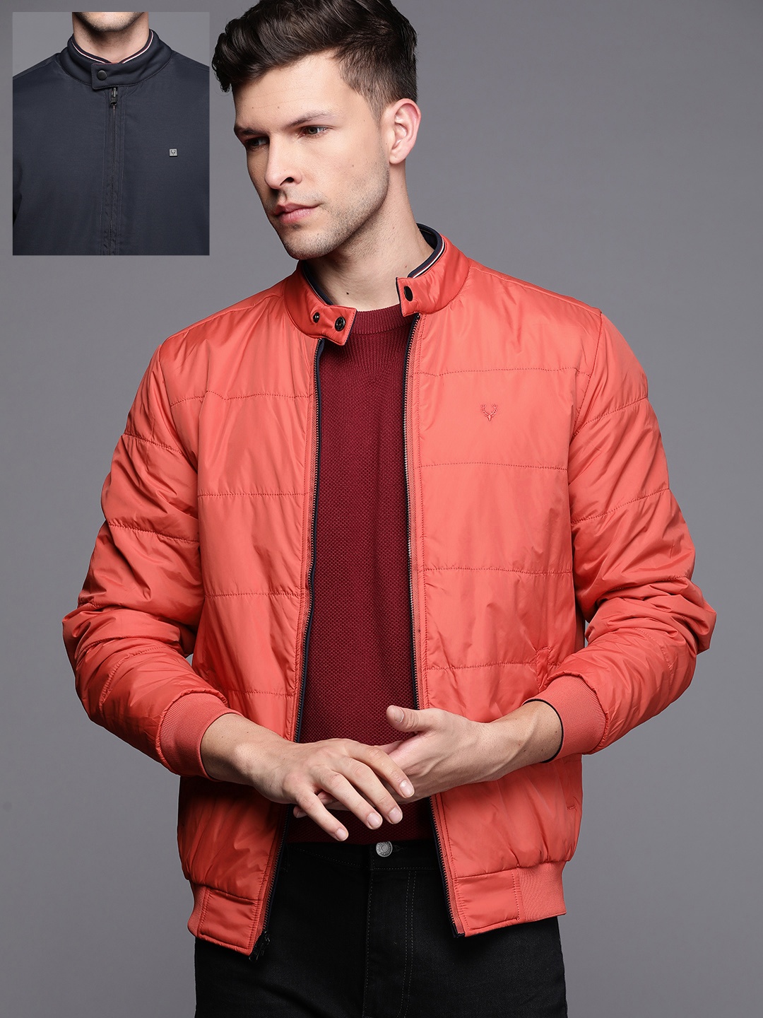 

Allen Solly Men Navy Blue Orange Solid Reversible Bomber Jacket