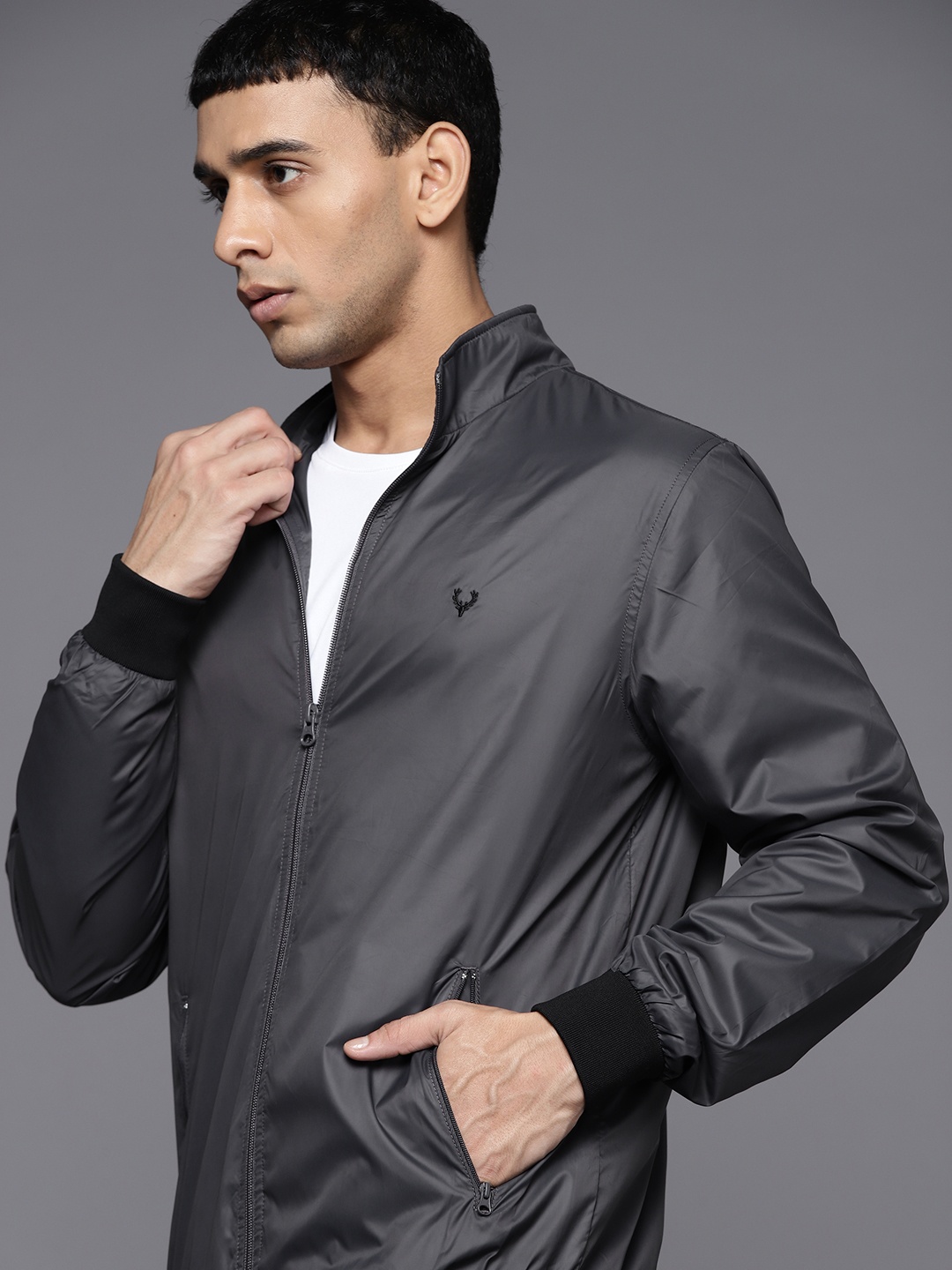 

Allen Solly Men Charcoal Grey Solid Bomber Jacket