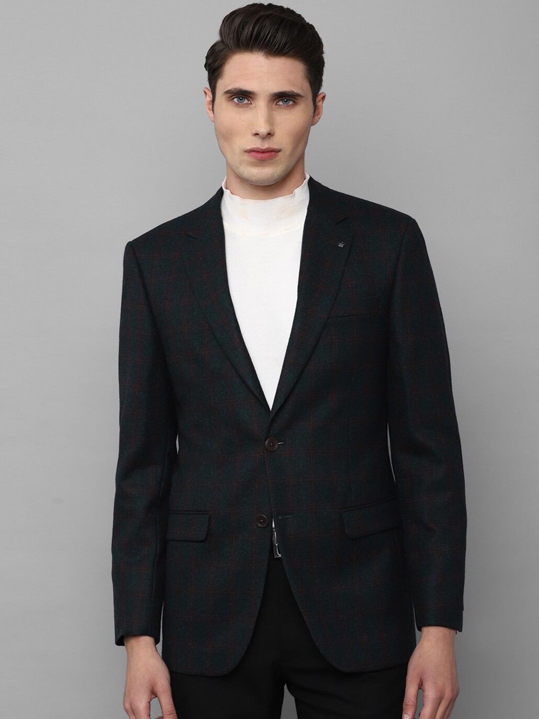 

Louis Philippe Men Navy Blue Checked Single-Breasted Formal Blazer