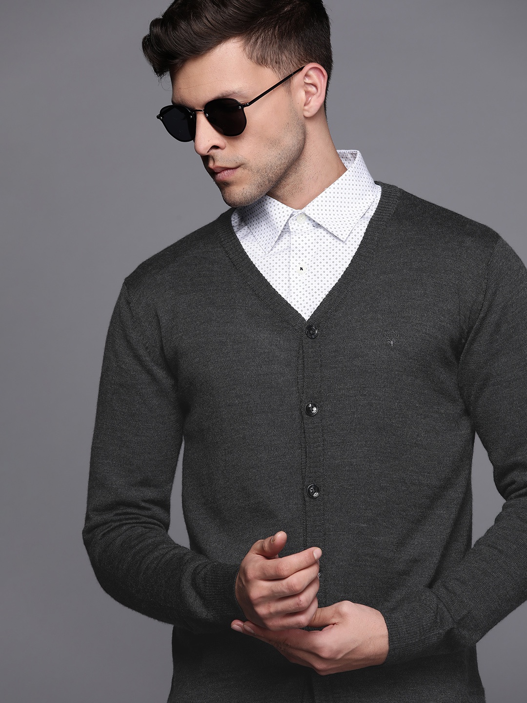 

Allen Solly Men Charcoal Grey Solid Cardigan