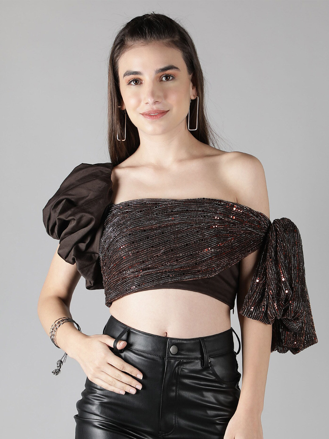 

SHABERRY Brown Embellished One Shoulder Bardot Crop Top