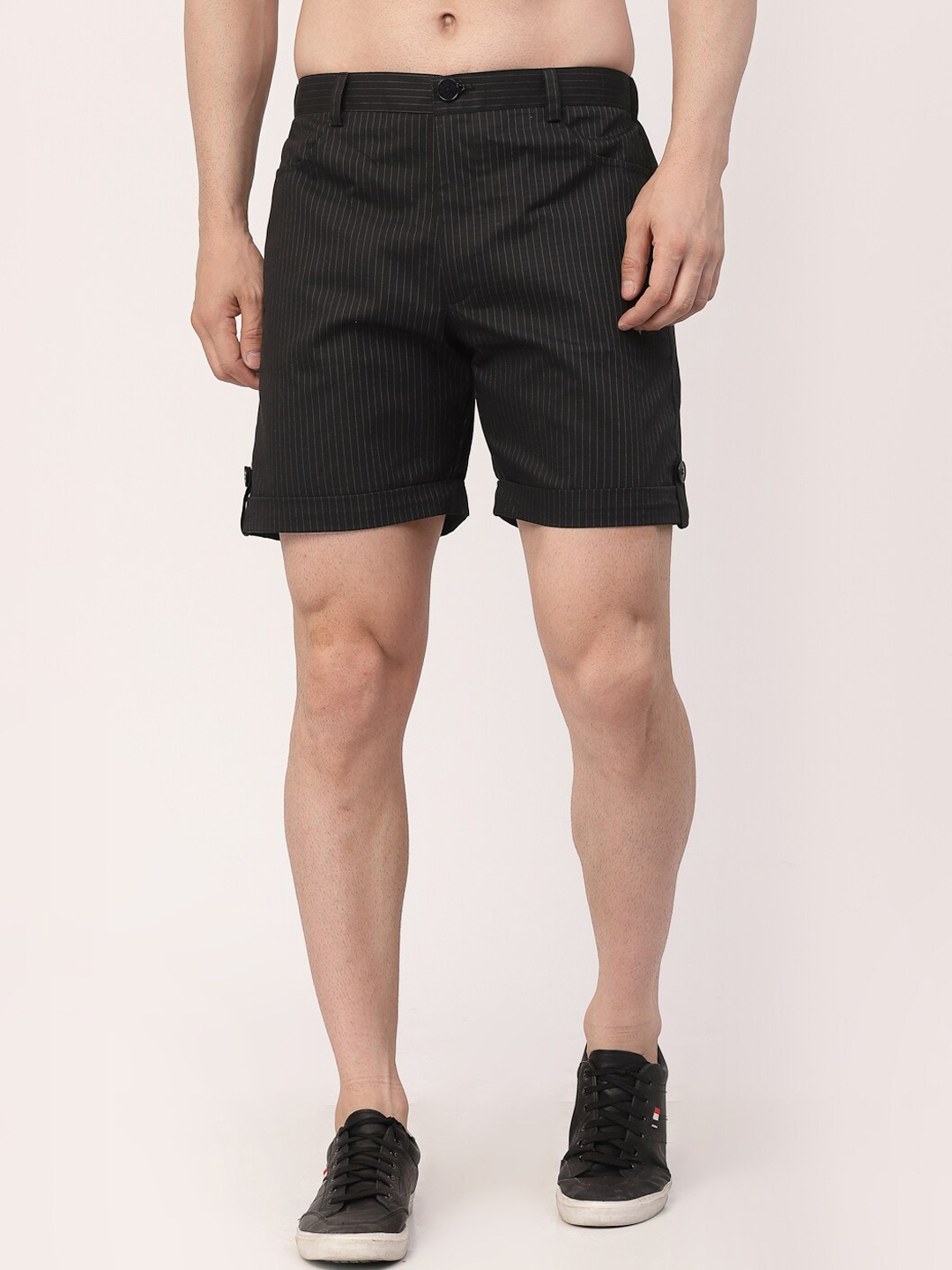 

KLOTTHE Men Black Cotton Striped Striped Outdoor Shorts