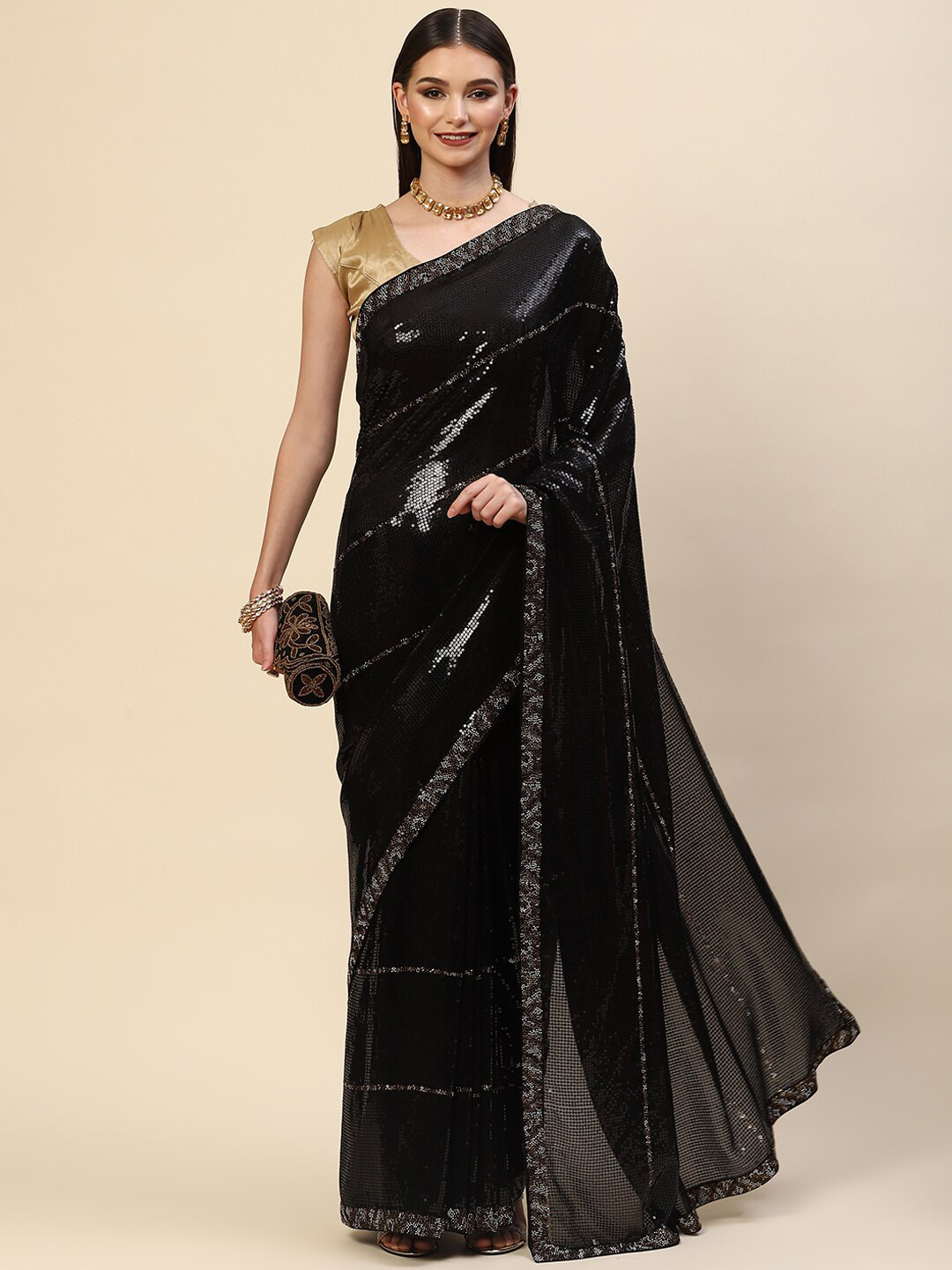 

Meena Bazaar Black Embellished Poly Georgette Saree