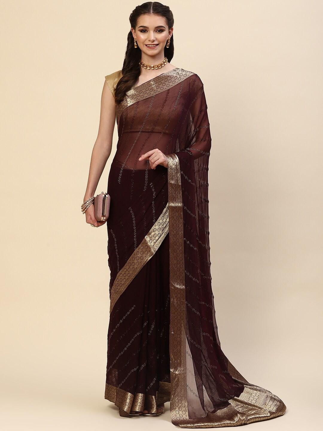 

Meena Bazaar Brown & Gold-Toned Embellished Saree