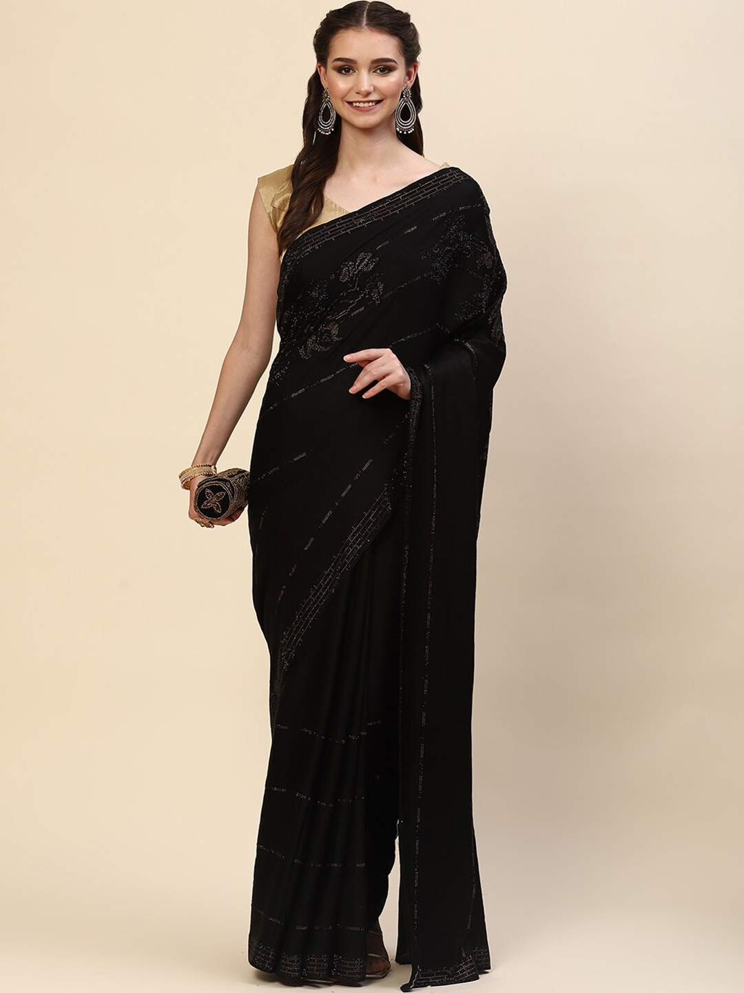 

Meena Bazaar Black & Gold-Toned Embellished Satin Saree