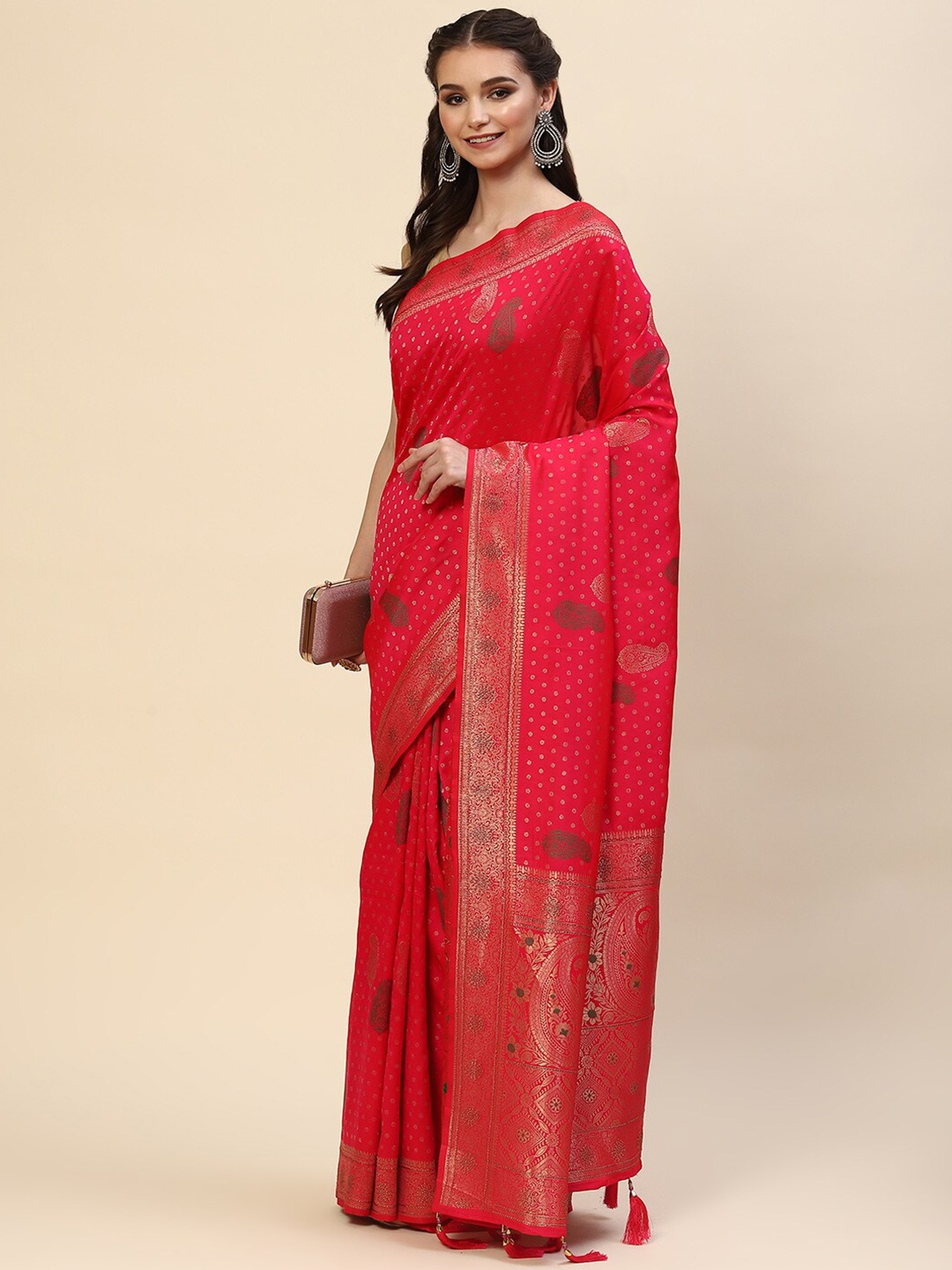 

Meena Bazaar Fuchsia Woven Design Art Silk Saree