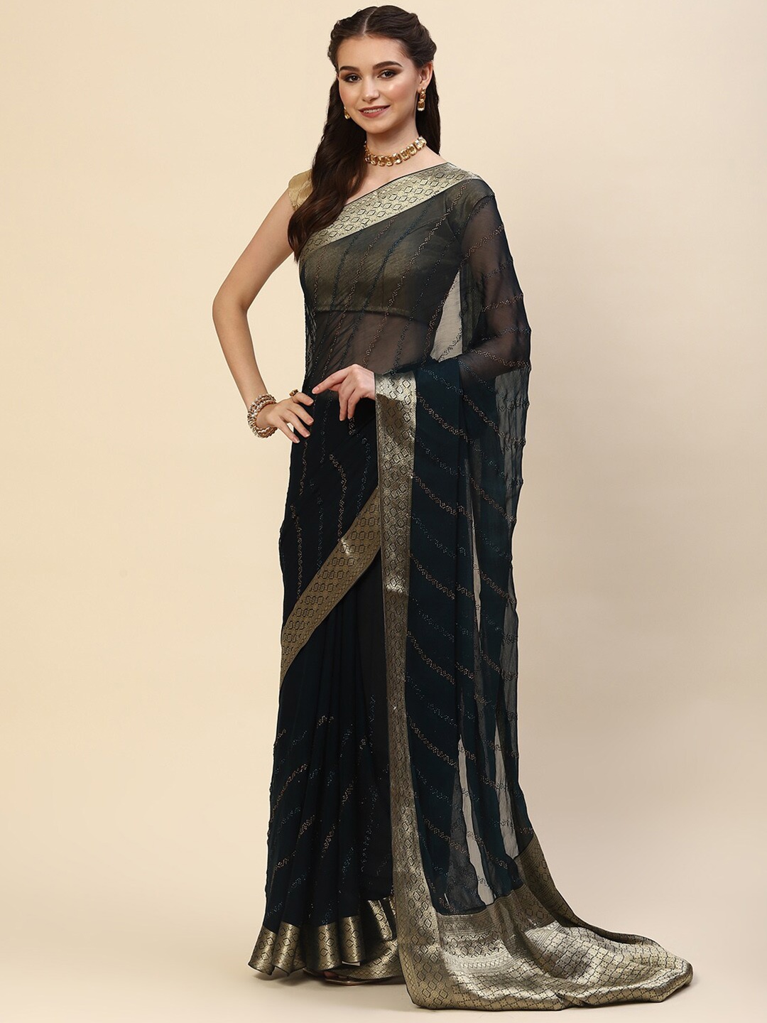 

Meena Bazaar Navy Blue & Gold-Toned Embellished Zari Saree