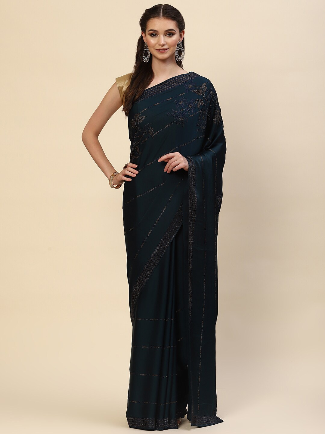 

Meena Bazaar Navy Blue Embellished Satin Saree
