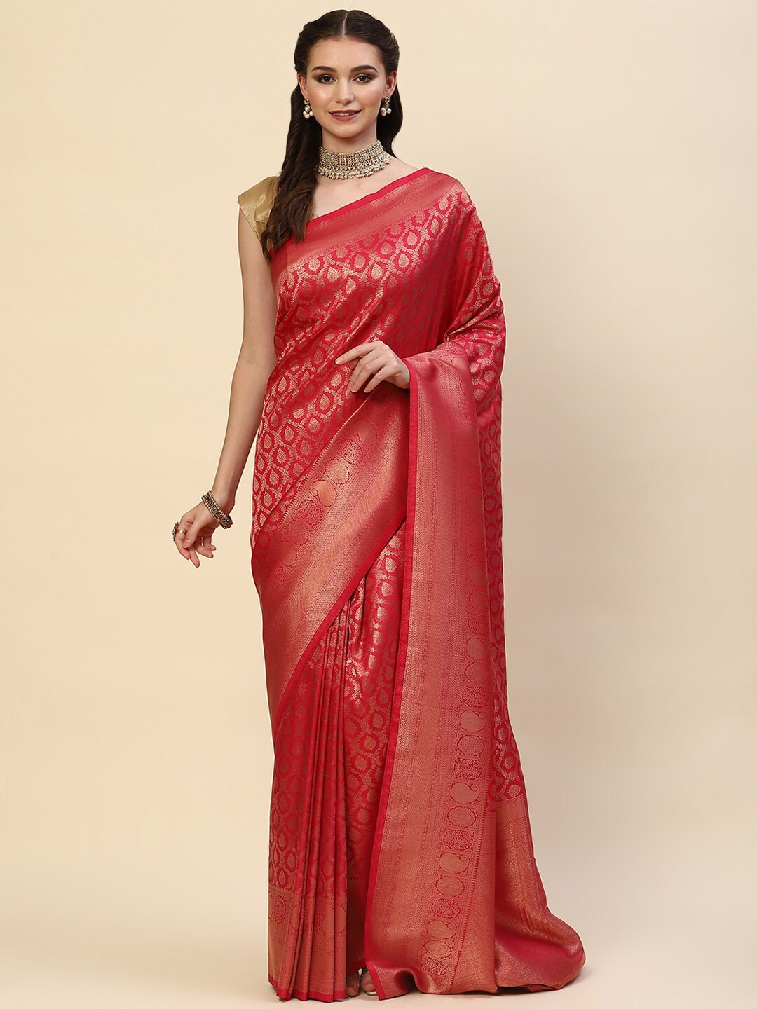 

Meena Bazaar Pink & Gold-Toned Woven Design Zari Art Silk Saree