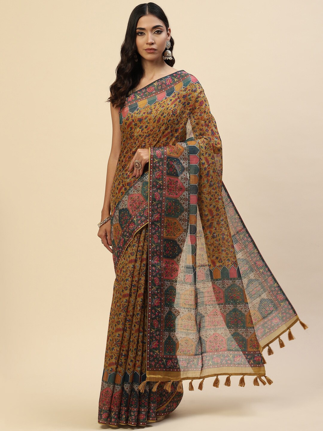 

Meena Bazaar Mustard & Blue Ethnic Motifs Saree