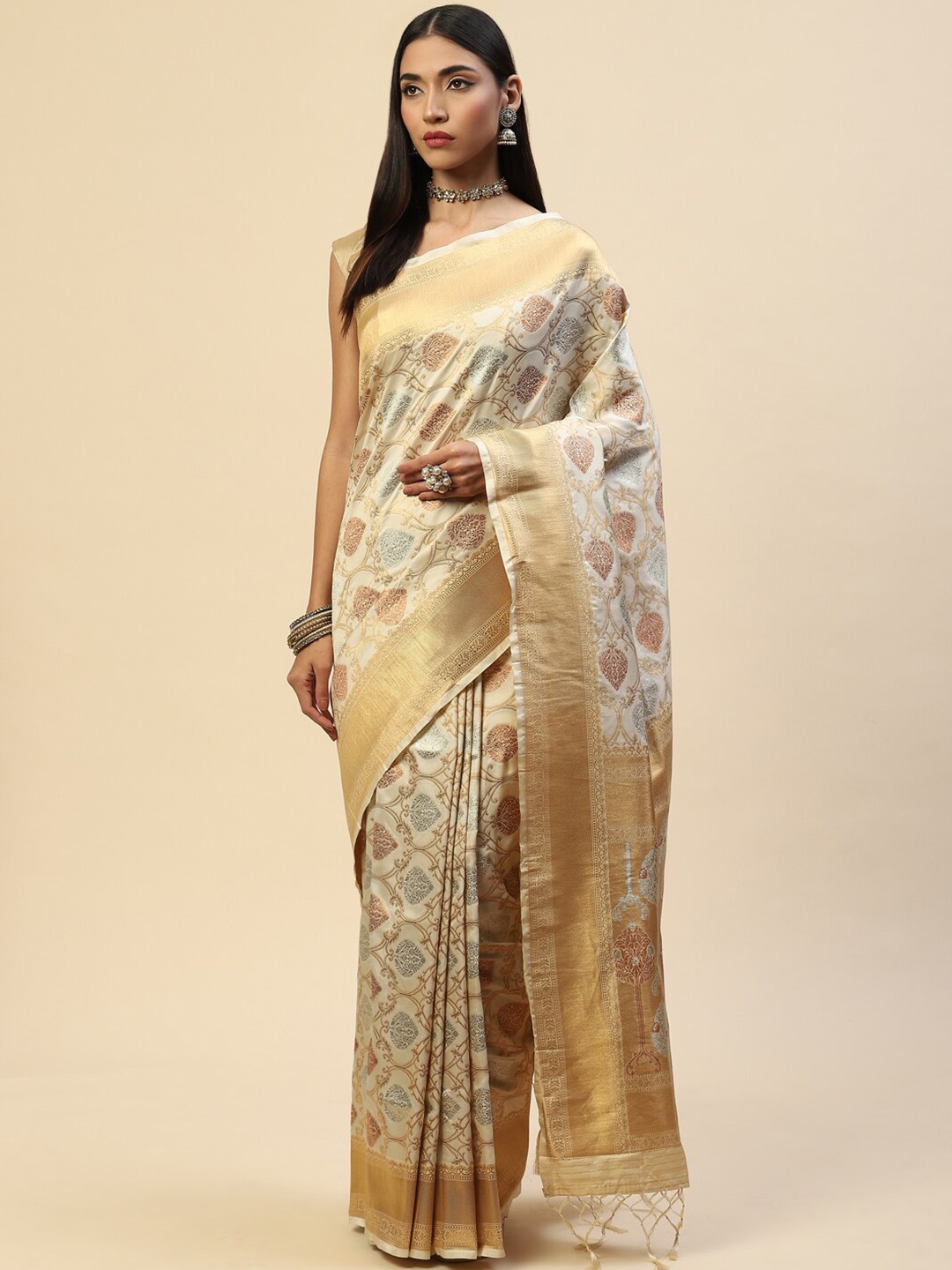 

Meena Bazaar Cream-Coloured & Gold-Toned Woven Design Zari Art Silk Banarasi Saree